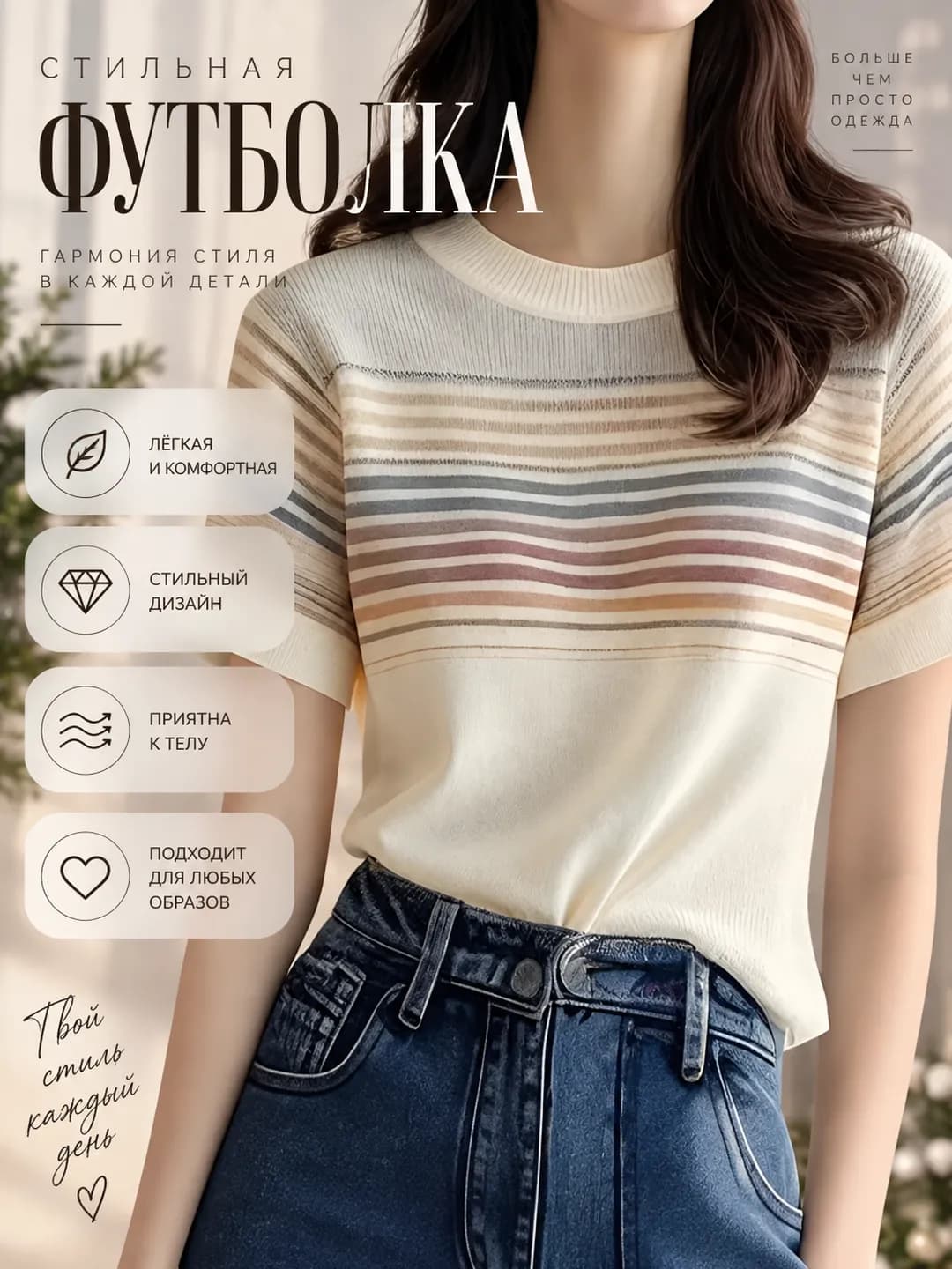 Women's striped knit top, crew neck, short sleeve, slimming, 2026