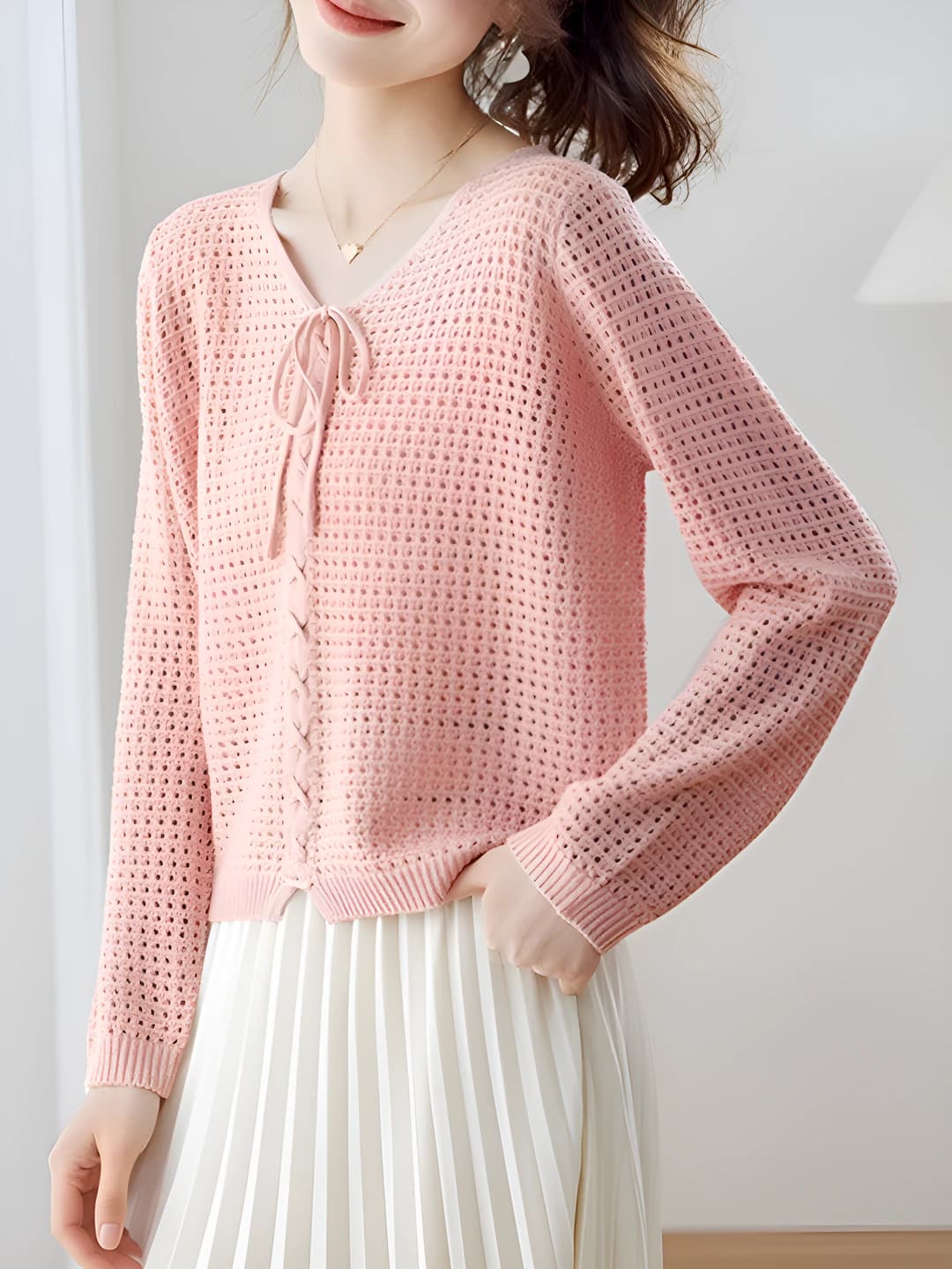 Women's spring-autumn knit top sweater, V-neck, long sleeve, solid colour, loose fit, closure: tie