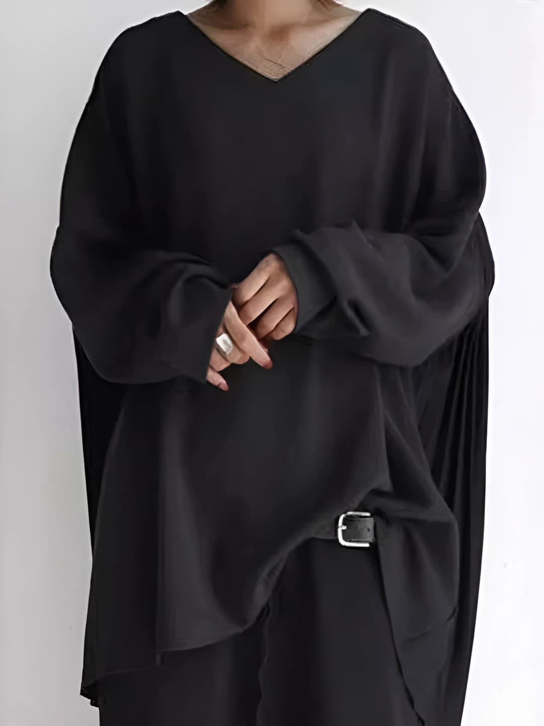 Women's 2026 spring V-neck, solid colour, loose fit, long sleeve, mid-length sweatshirt
