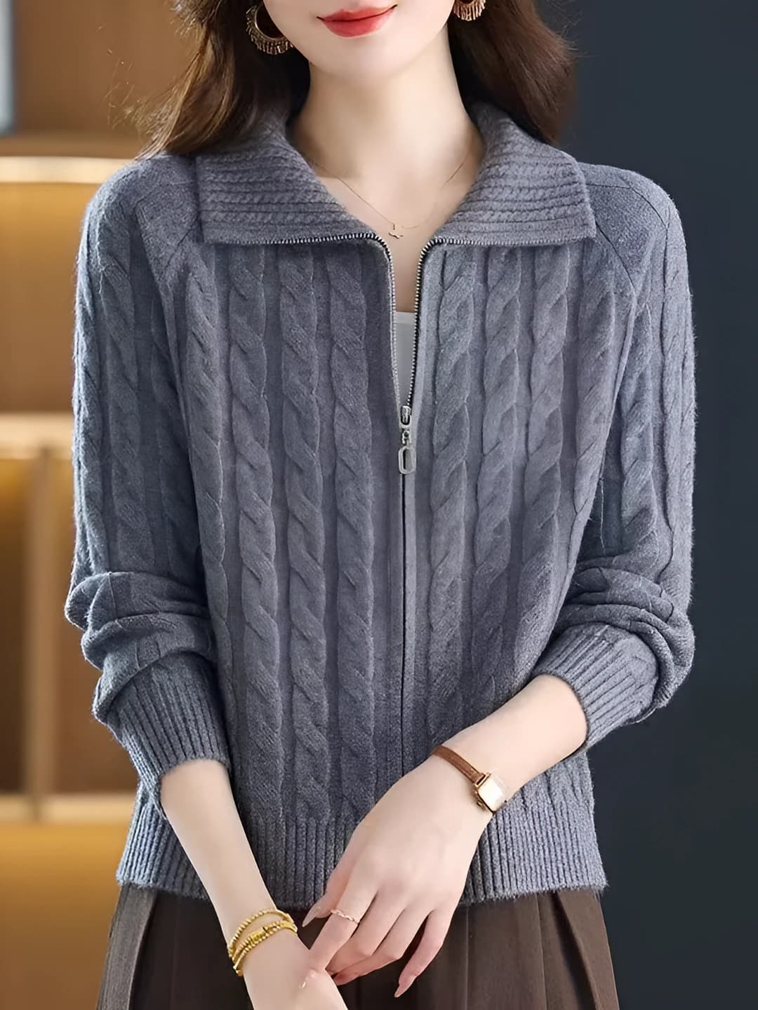 Women's zip-up knit cardigan, lapel collar, cable knit, solid colour, spring-autumn, petite, cropped, loose fit, long sleeve