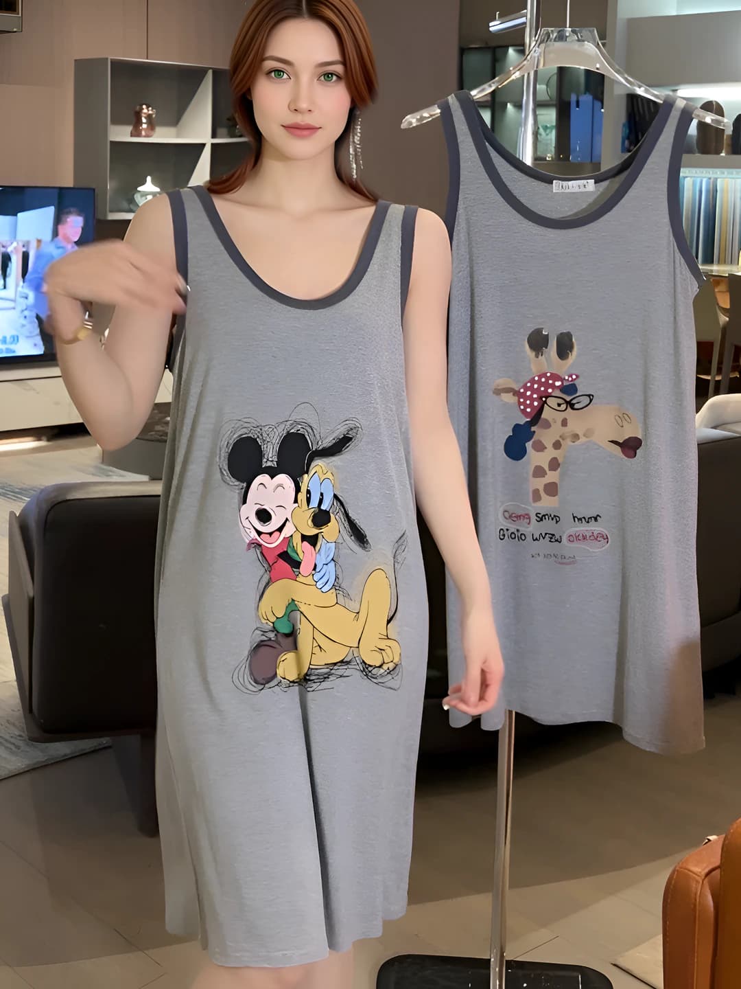 Women's summer sleeveless nightgown, 95% cotton, U-neck, long skirt, Korean style, plus size