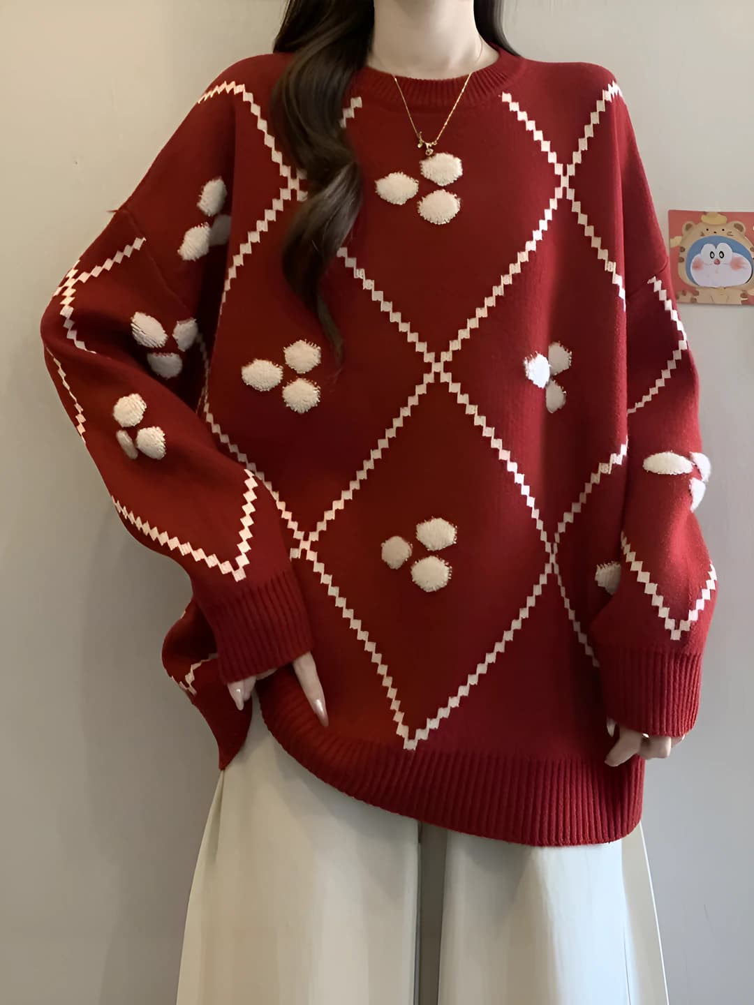 Ayollar uchun retro uslubdagi qizil trikotaj sviter, bahor-kuz uchun, bo'sh (oversize) kesim, dumaloq yoqa, uzun yeng, oddiy uzunlik