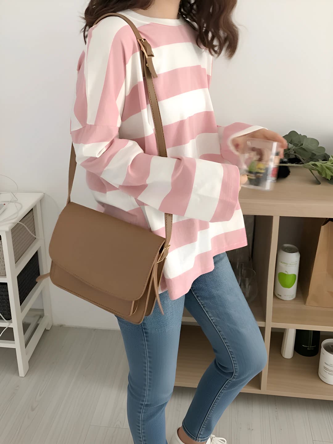 Women's long-sleeve striped long-sleeve base top, loose fit, crew neck, Korean style