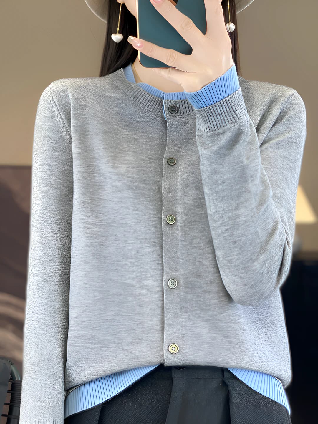 Women's knit cardigan, crew neck, long sleeve, loose fit, andi fabric, girl style, spring-summer