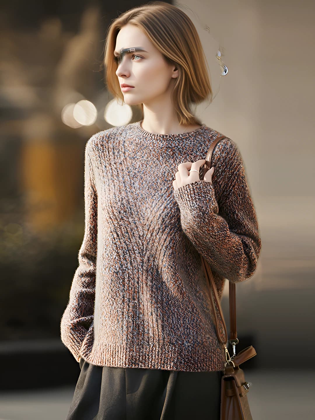 Women's wool sweater for autumn-winter 2026, crew neck, long sleeve, loose fit, plus size, casual style