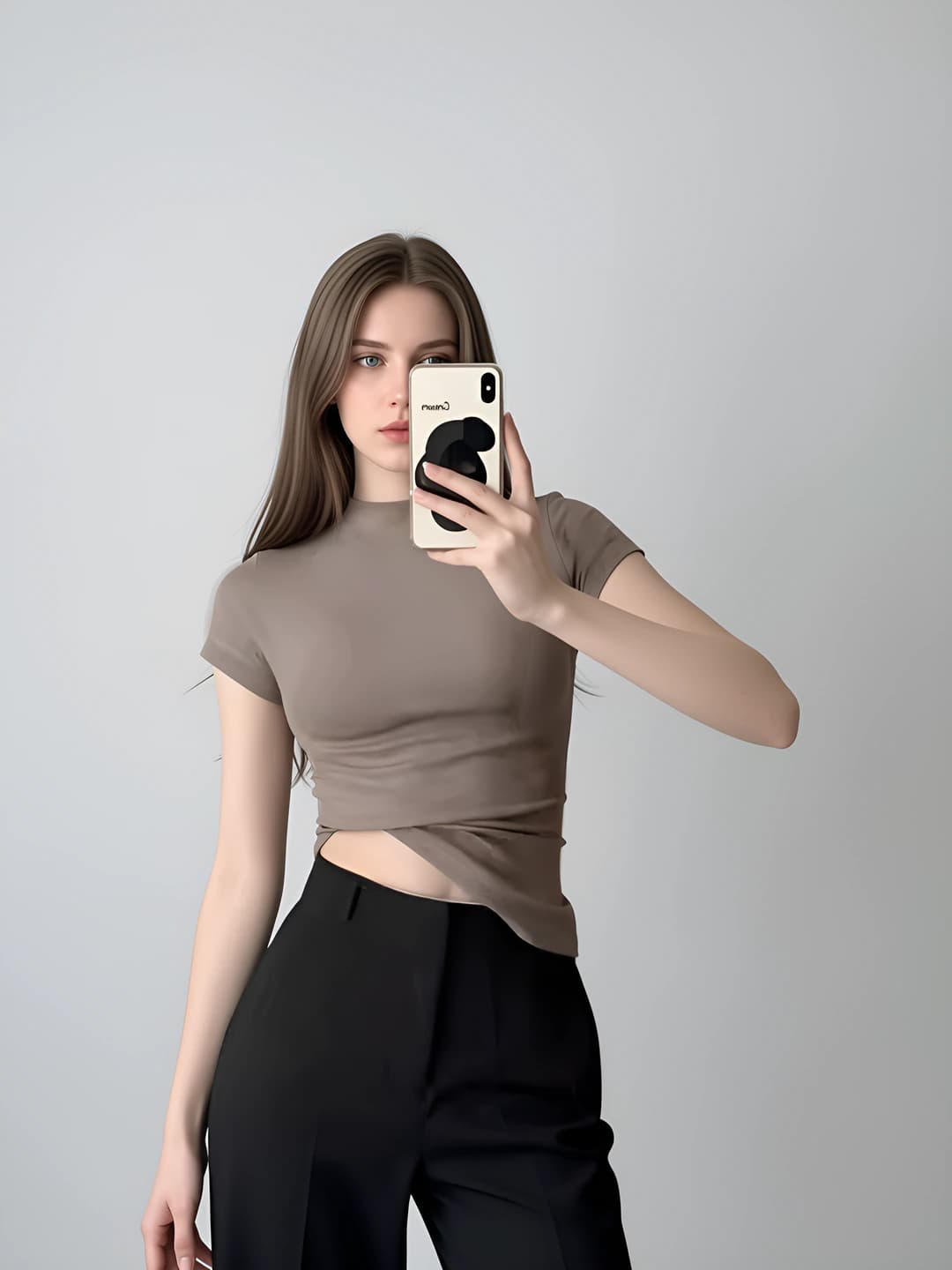 Women's summer short sleeve t-shirt with mock neck, slim fit, solid colour, non-iron, cropped