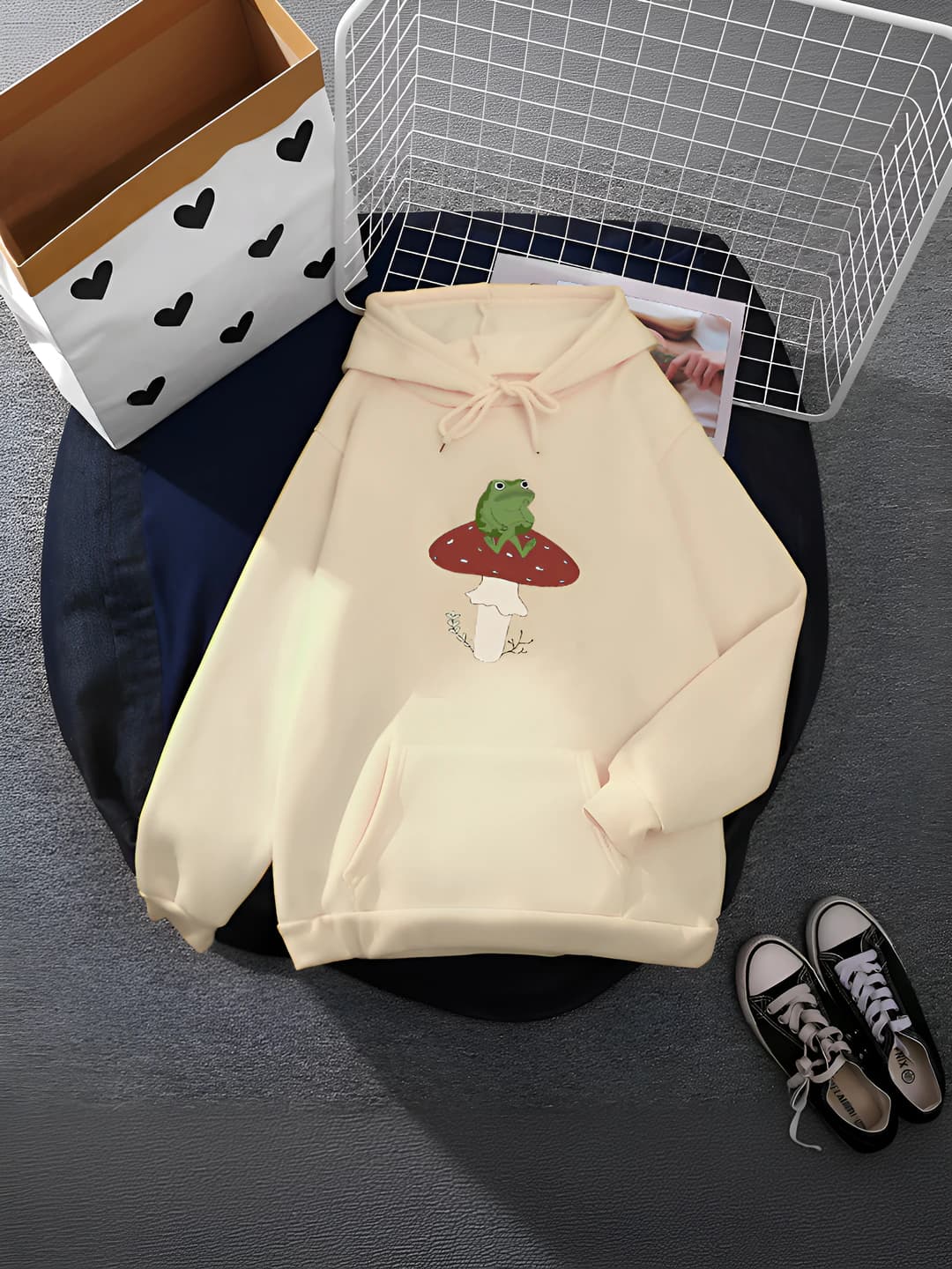 Women's loose fit printed hoodie, crew neck, long sleeve, milk silk fabric, spring 2026