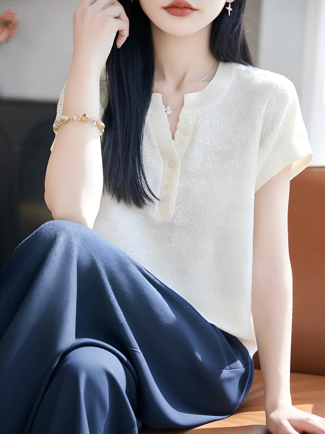 Women's summer t-shirt with french button design, short sleeve, loose fit, wool blend