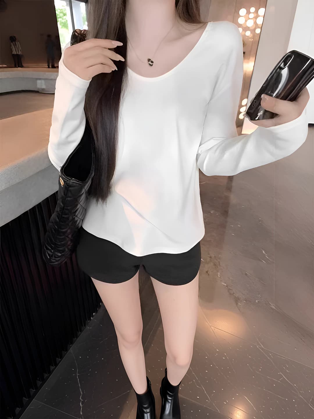 Women's long-sleeve V-neck long-sleeve base top, solid colour, loose fit, for spring
