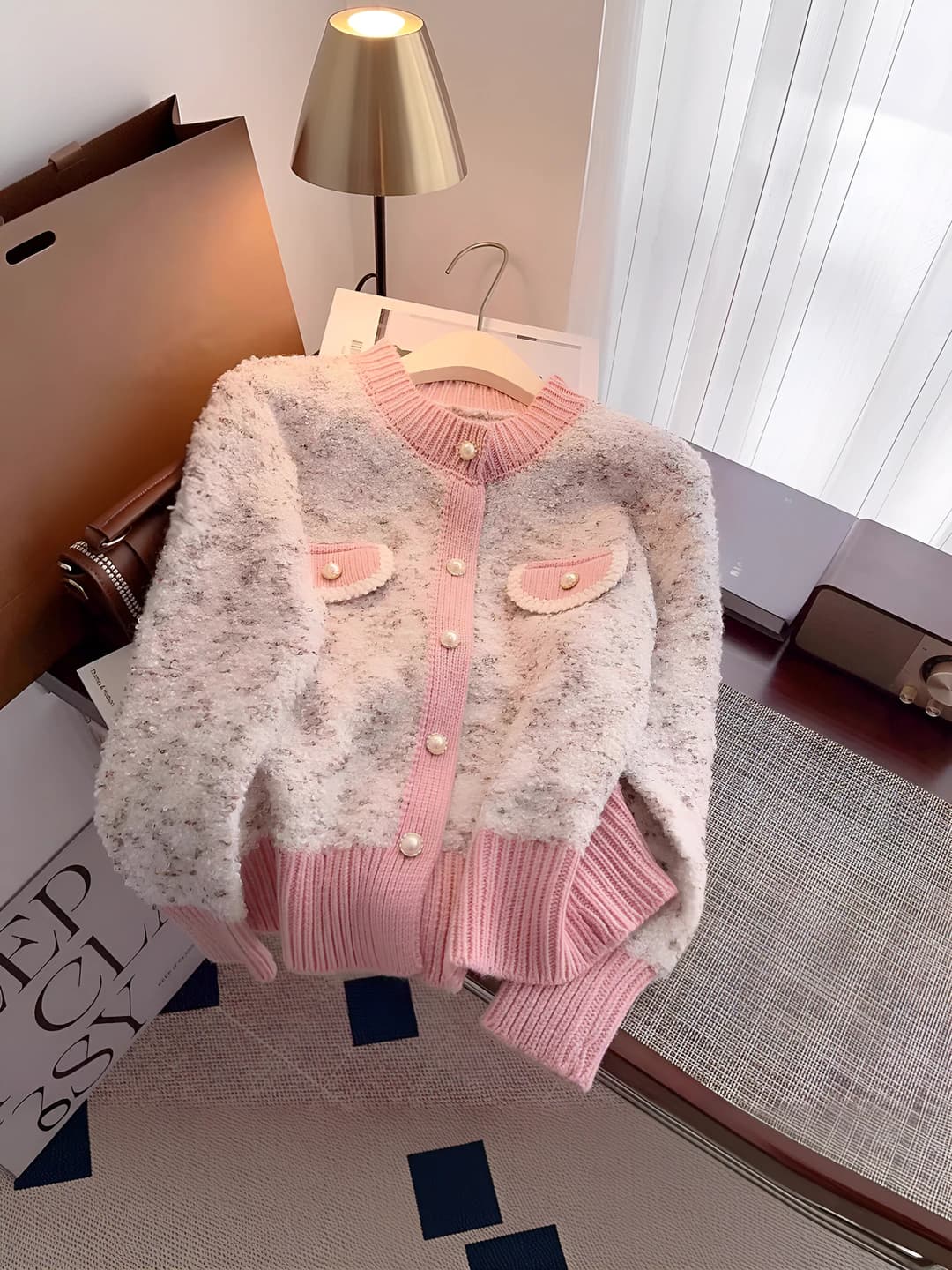 Women's knit cardigan, spring-autumn and autumn-winter, petite, cropped, loose fit, crew neck, long sleeve, 2026
