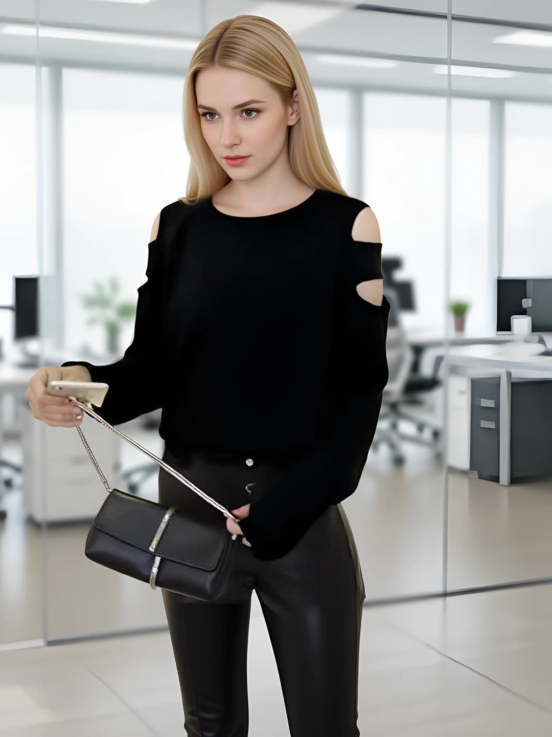 Women's knit sweater pullover with cutout details, slimming, slim fit, crew neck, long sleeve, solid colour, autumn 2026