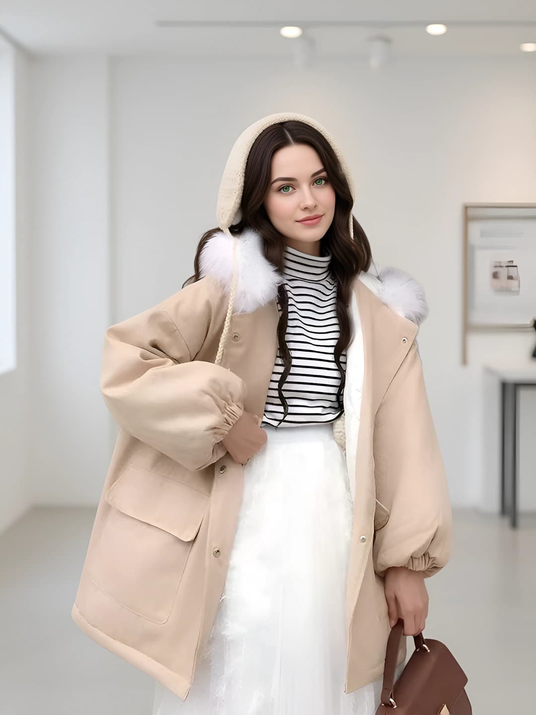 Women's winter down jacket, Korean style, loose fit, mid-length, thickened, solid colour, fabric: polyester, filling: cotton-polyester blend, collar: faux fur