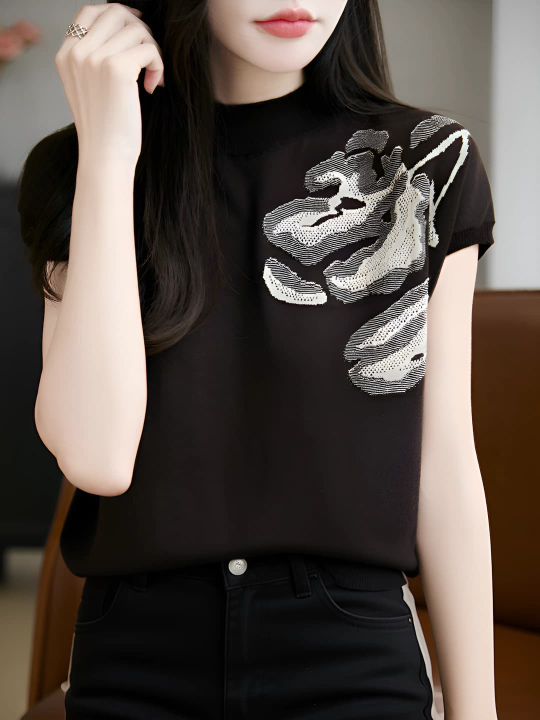 Women's 2026 spring-summer knit top, mock neck, short sleeve, wool, solid colour, girls' style pullover