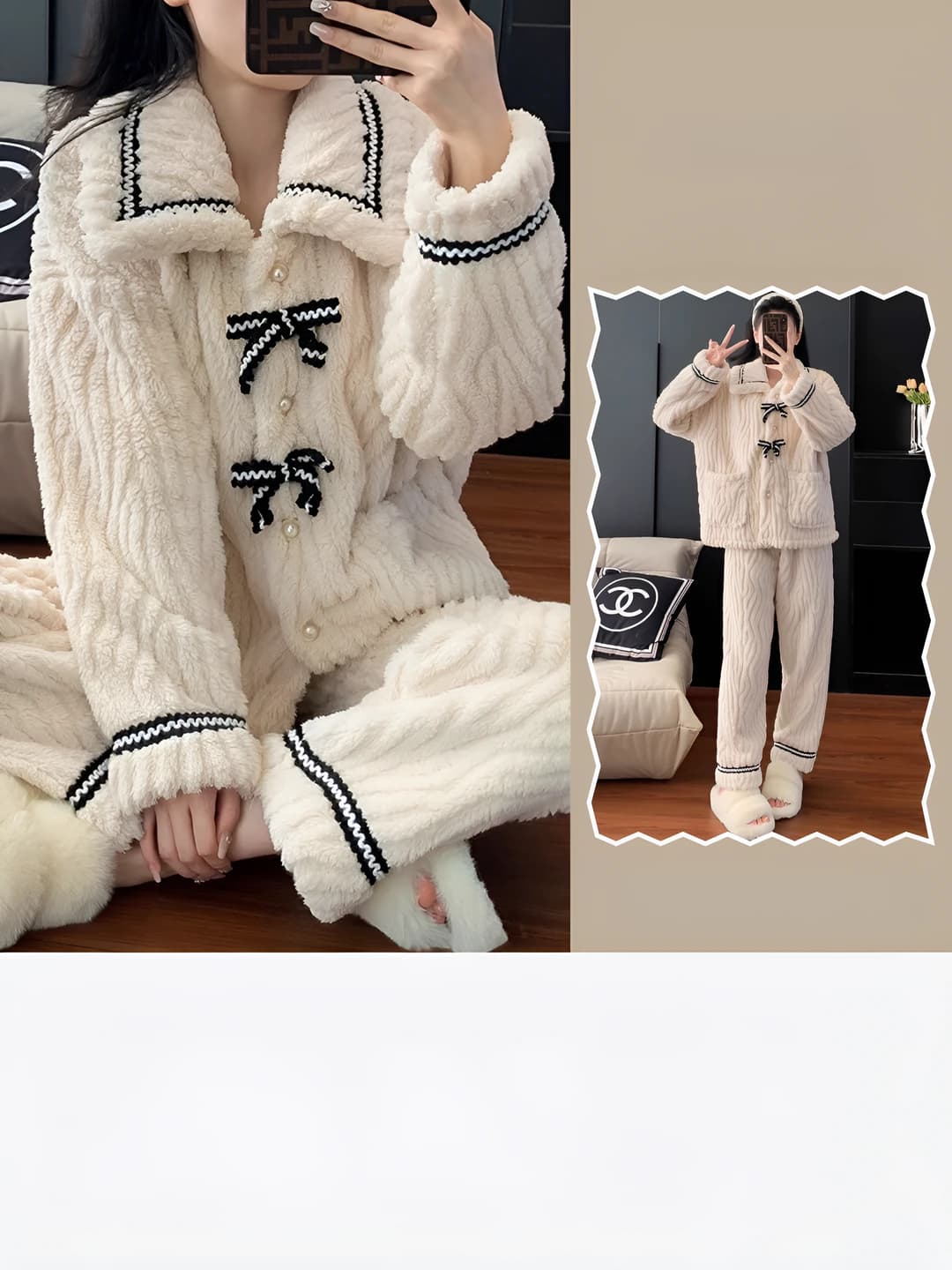 Women's coral fleece fleece-lined thickened loungewear set with cardigan and trousers, crew neck, long sleeve, bow detail, for winter, spring, and autumn