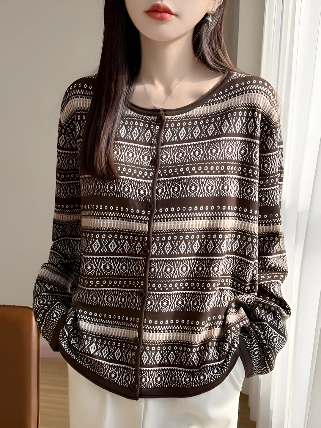 Women's knit cardigan, crew neck, long sleeve, loose fit, slimming, spring-autumn