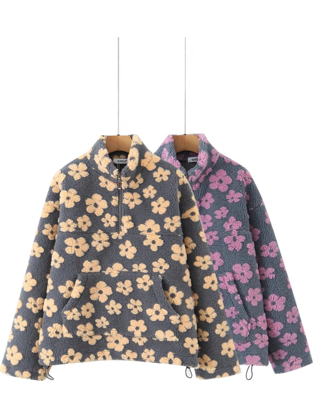 Women's autumn-winter thick wool blend sweatshirt, stand collar, zip, loose fit, long sleeve, patterned