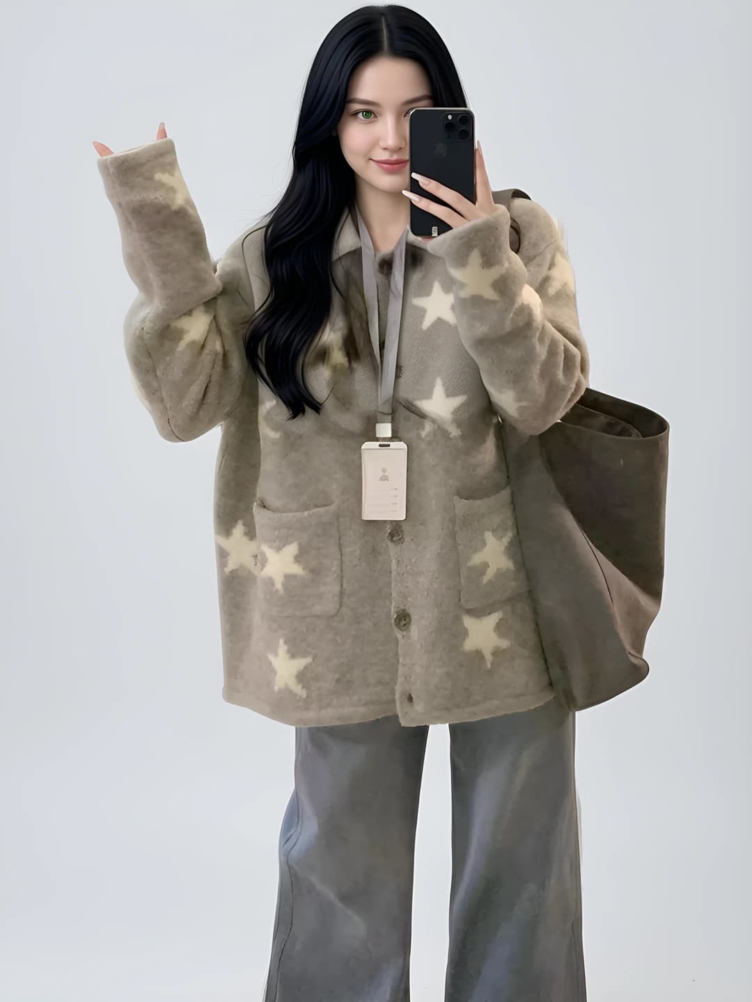 Women's autumn-winter grey knit cardigan, lapel collar, star design, loose fit, long sleeve, for petite