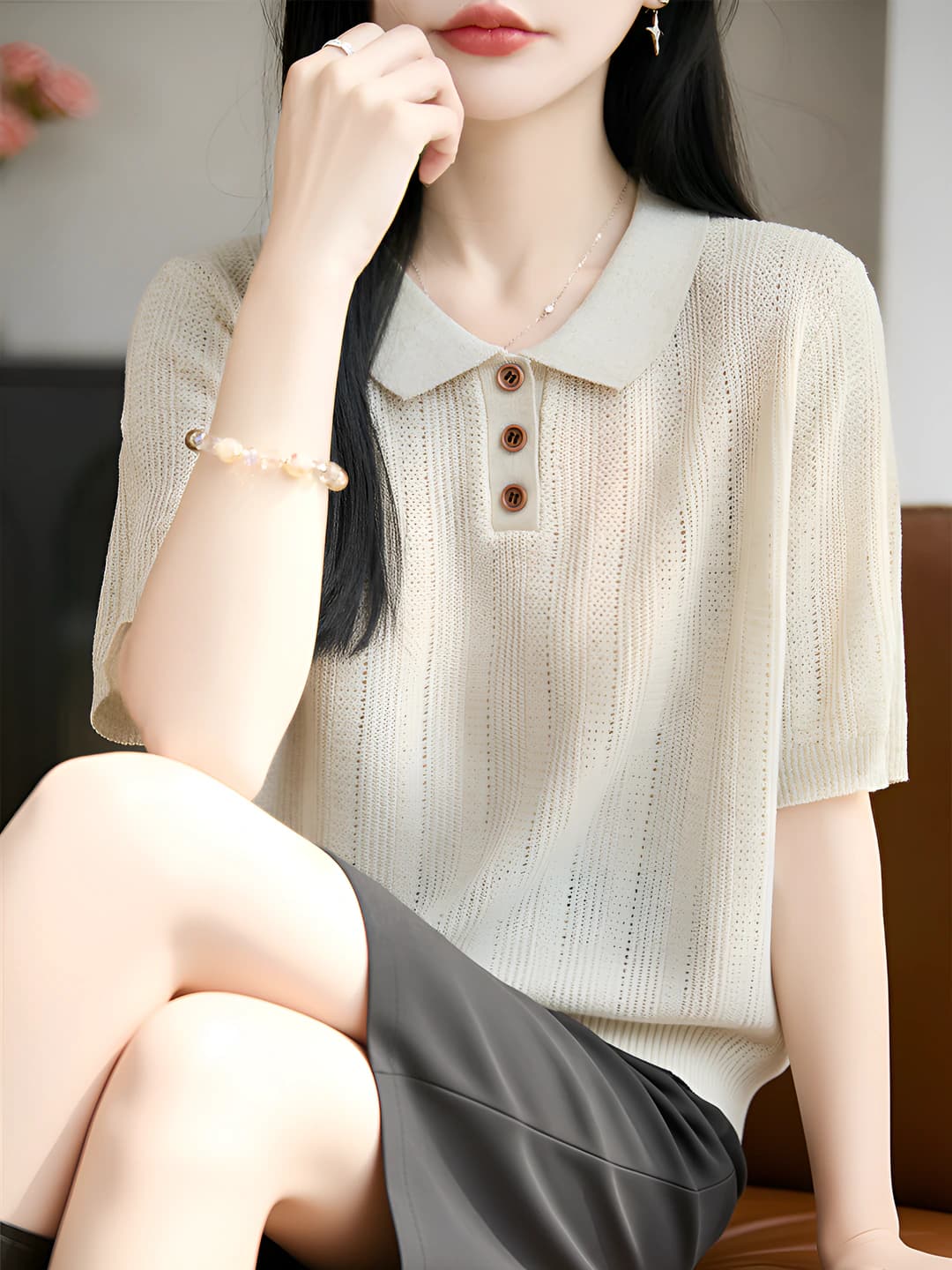 Women's retro polo shirt with short sleeves, thin striped top, summer casual style