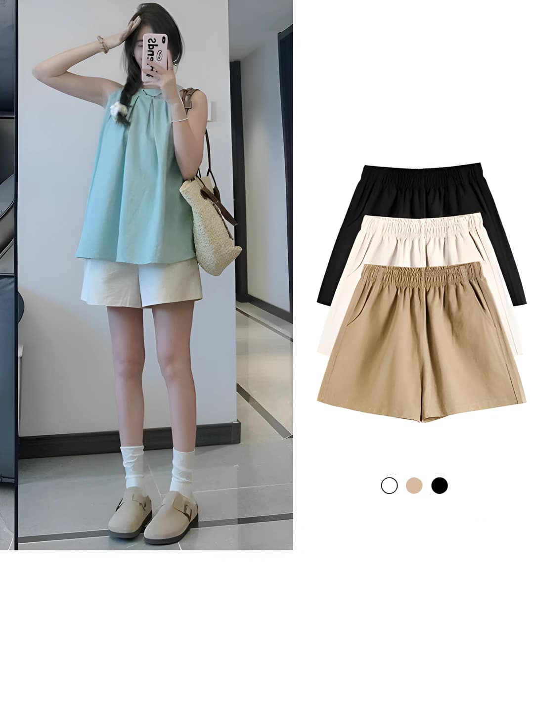 Women's summer thin knee-length shorts with elastic waist, loose fit, casual style