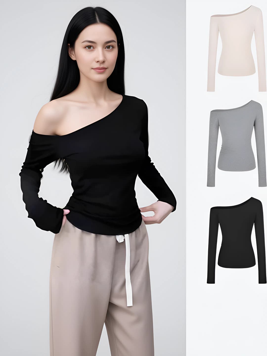 Women's off-shoulder long-sleeve longsleeve, slim fit, slimming, solid colour, regular length, pure desire style