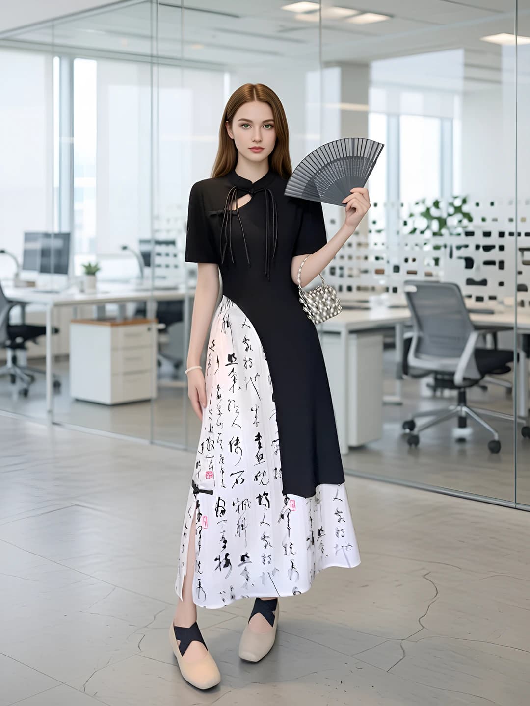 Women's long A-line skirt (new Chinese style calligraphy print), summer, 2026, high waist, short sleeve, irregular cut, retro, polyester