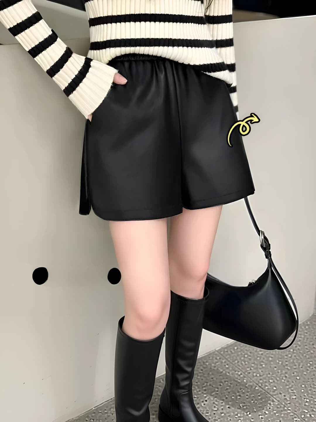 Women's PU leather shorts, 2026 autumn-winter, high waist, plus size, black, solid colour, A-line, wide leg