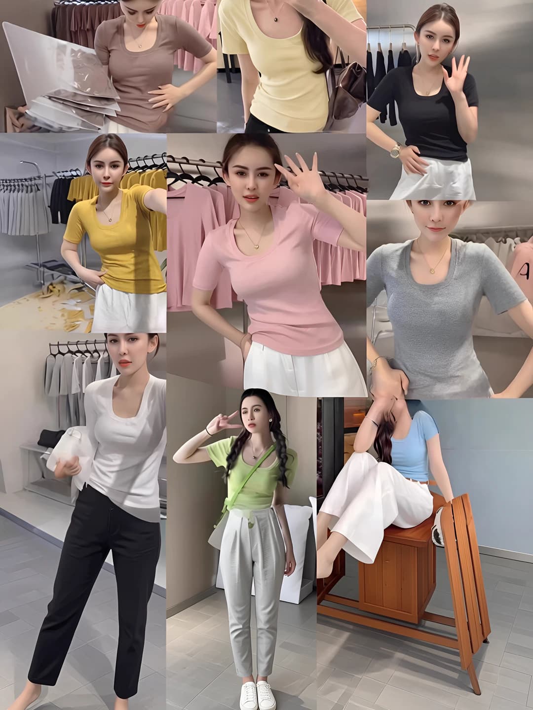 Women's short-sleeve U-neck t-shirt, solid colour, slim fit, slimming, plus size
