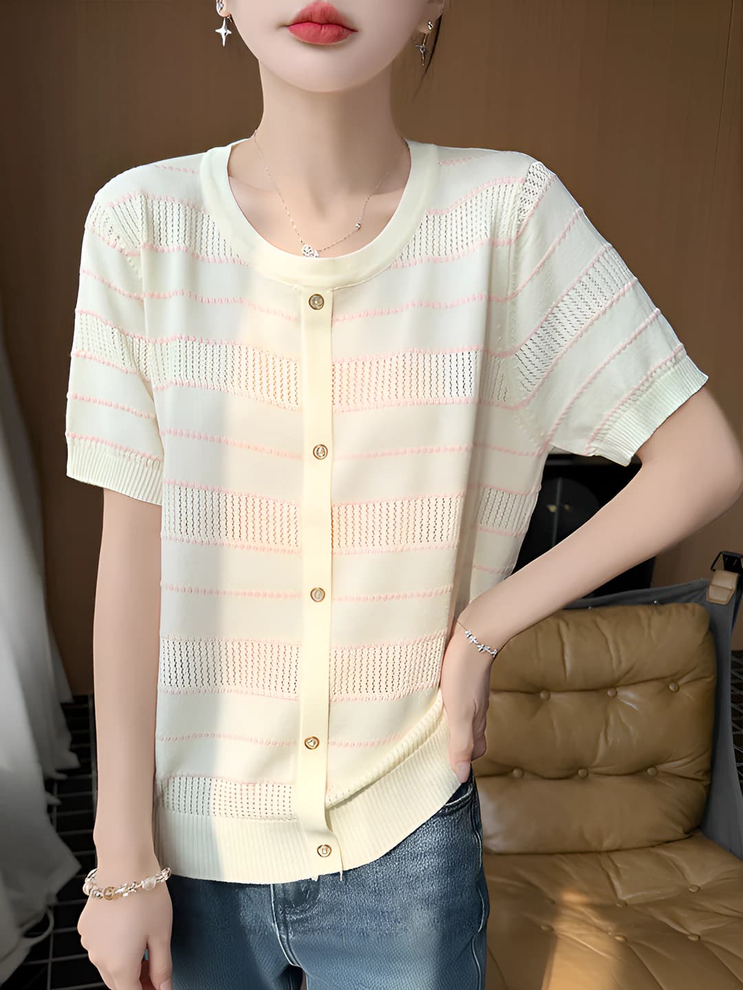 Women's retro striped ice-silk knit cardigan, short sleeve, thin, crew neck, breathable