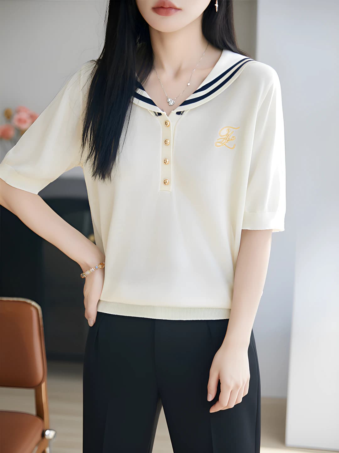 Women's knit top, short sleeve, embroidered, solid colour, loose fit, spring-summer