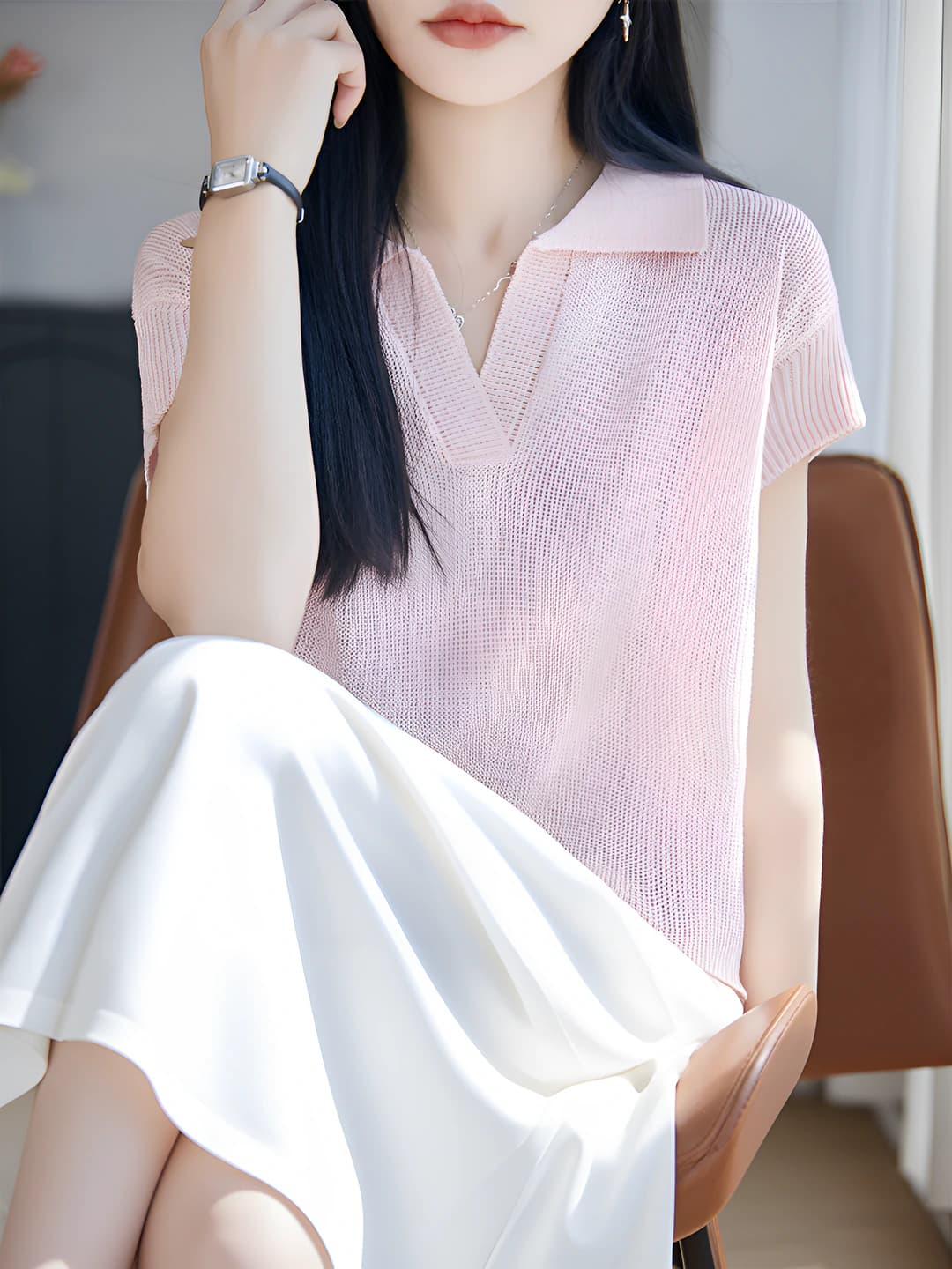 Women's knitted tops 2026 spring-summer, short sleeve, lapel collar, solid colour, loose fit, casual style