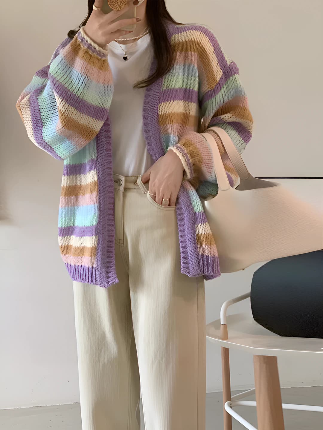 Women's autumn knit cardigan: loose fit, V-neck, long sleeve, striped pattern, thick fabric, casual style