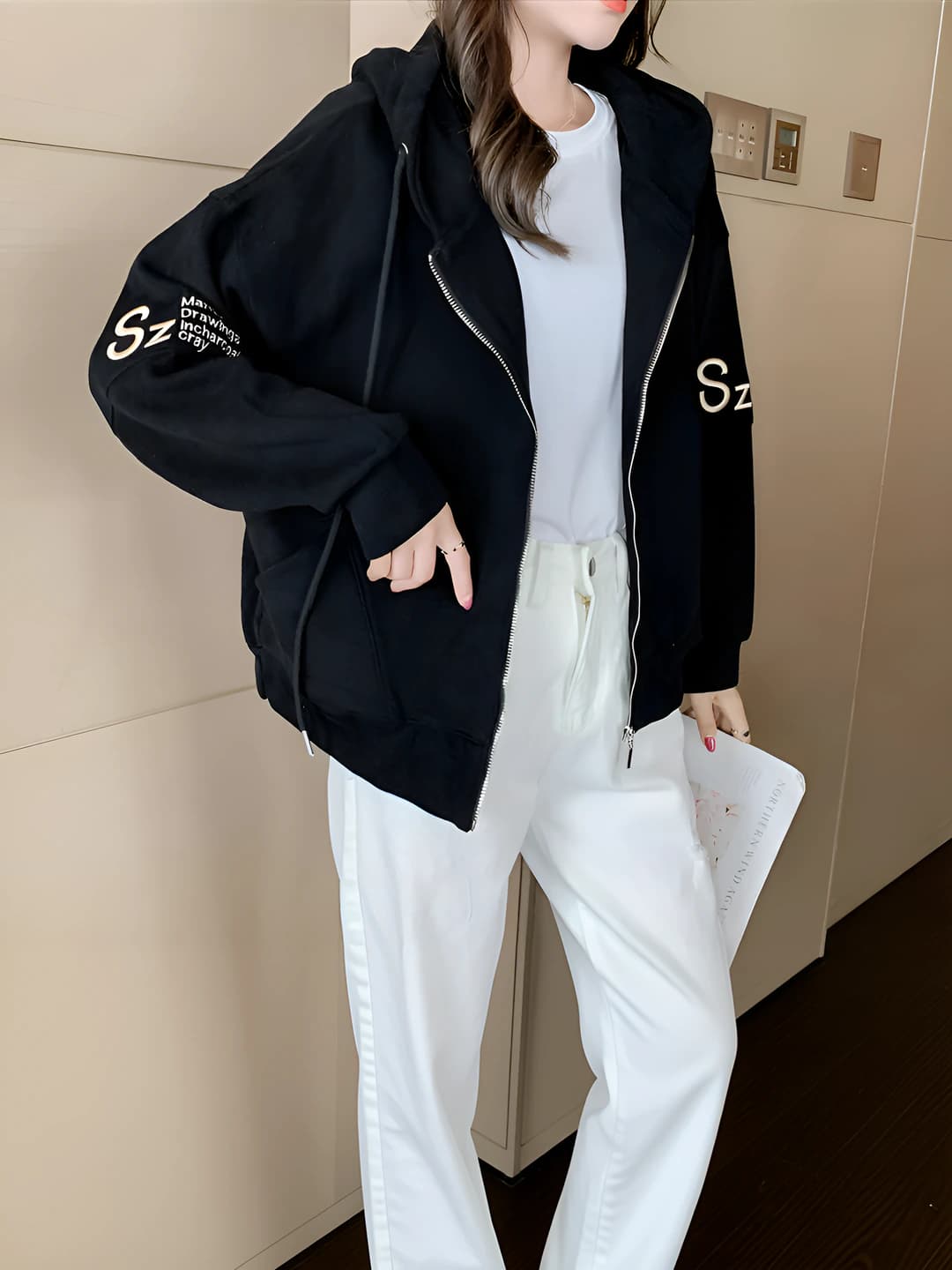 Women's 2026 spring-autumn cotton embroidered sweatshirt, zip-up outerwear, loose fit