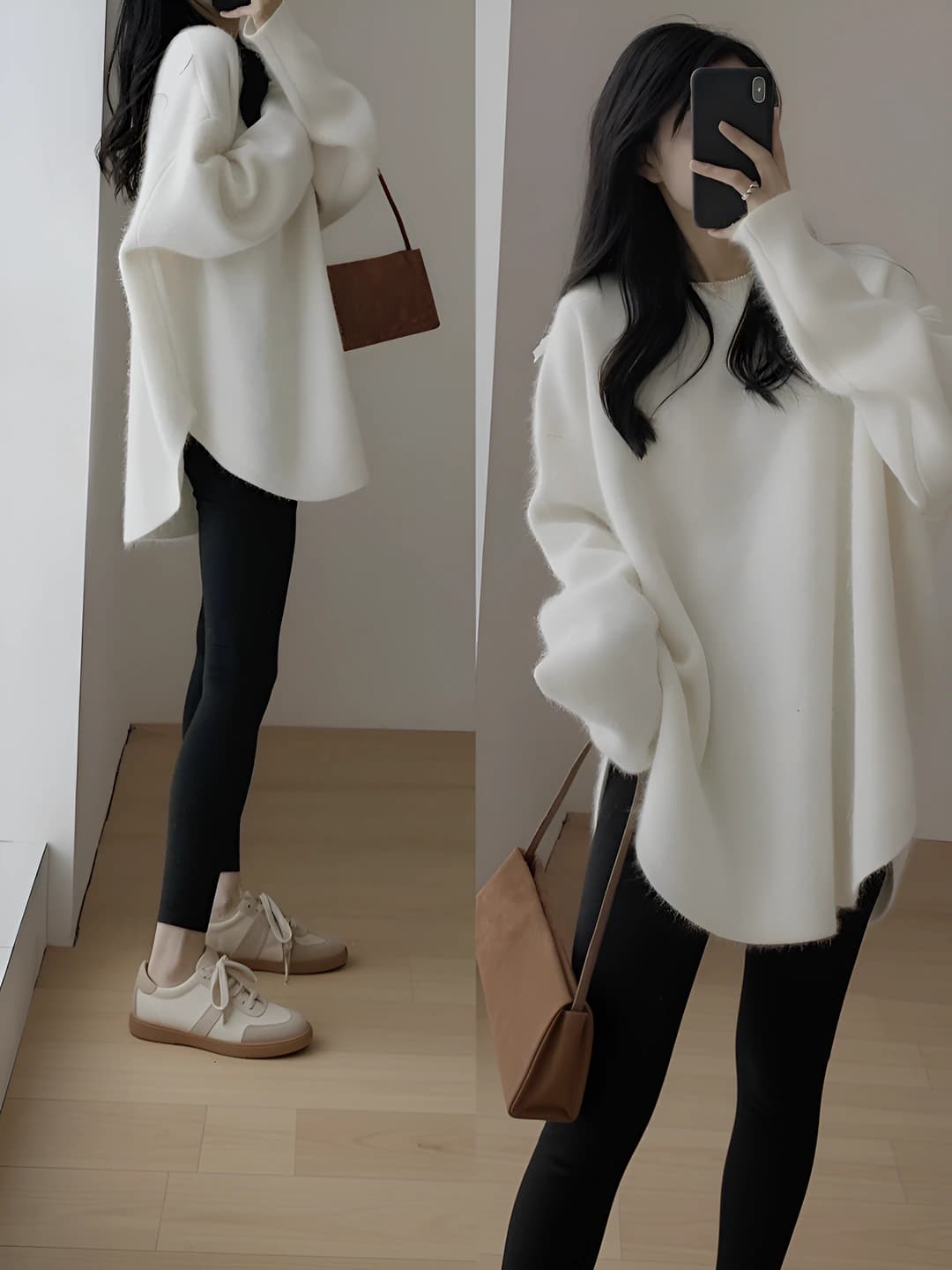Women's autumn-winter sweater, loose fit, crew neck, long sleeve, solid colour, thick, mid-length, casual style