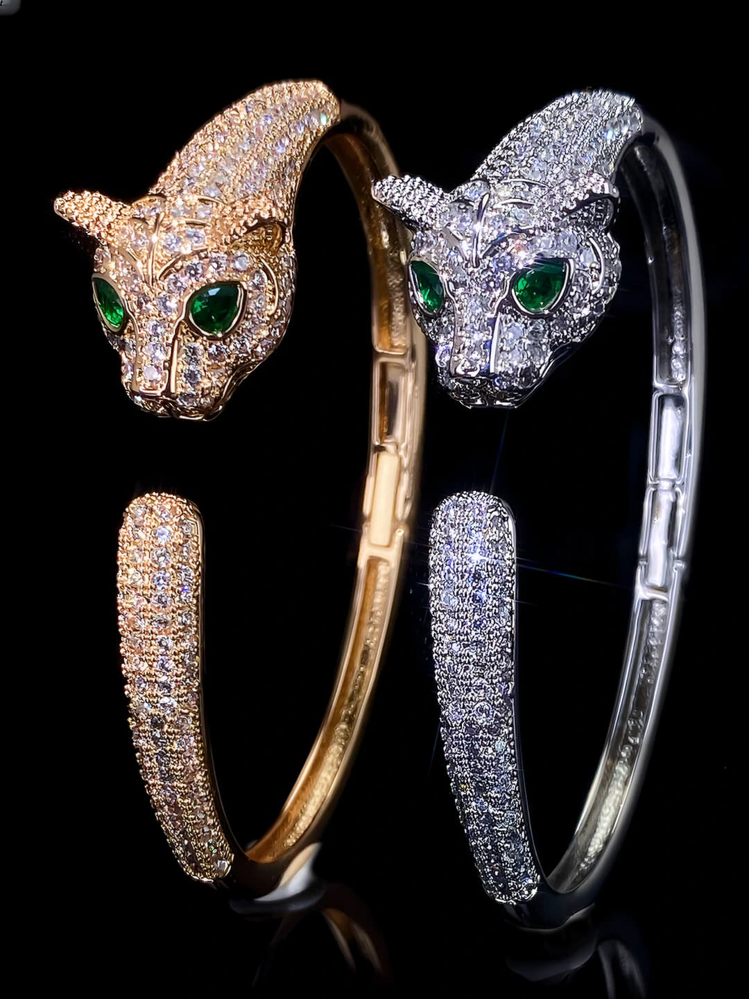 Women's open bangle with zircon and leopard design