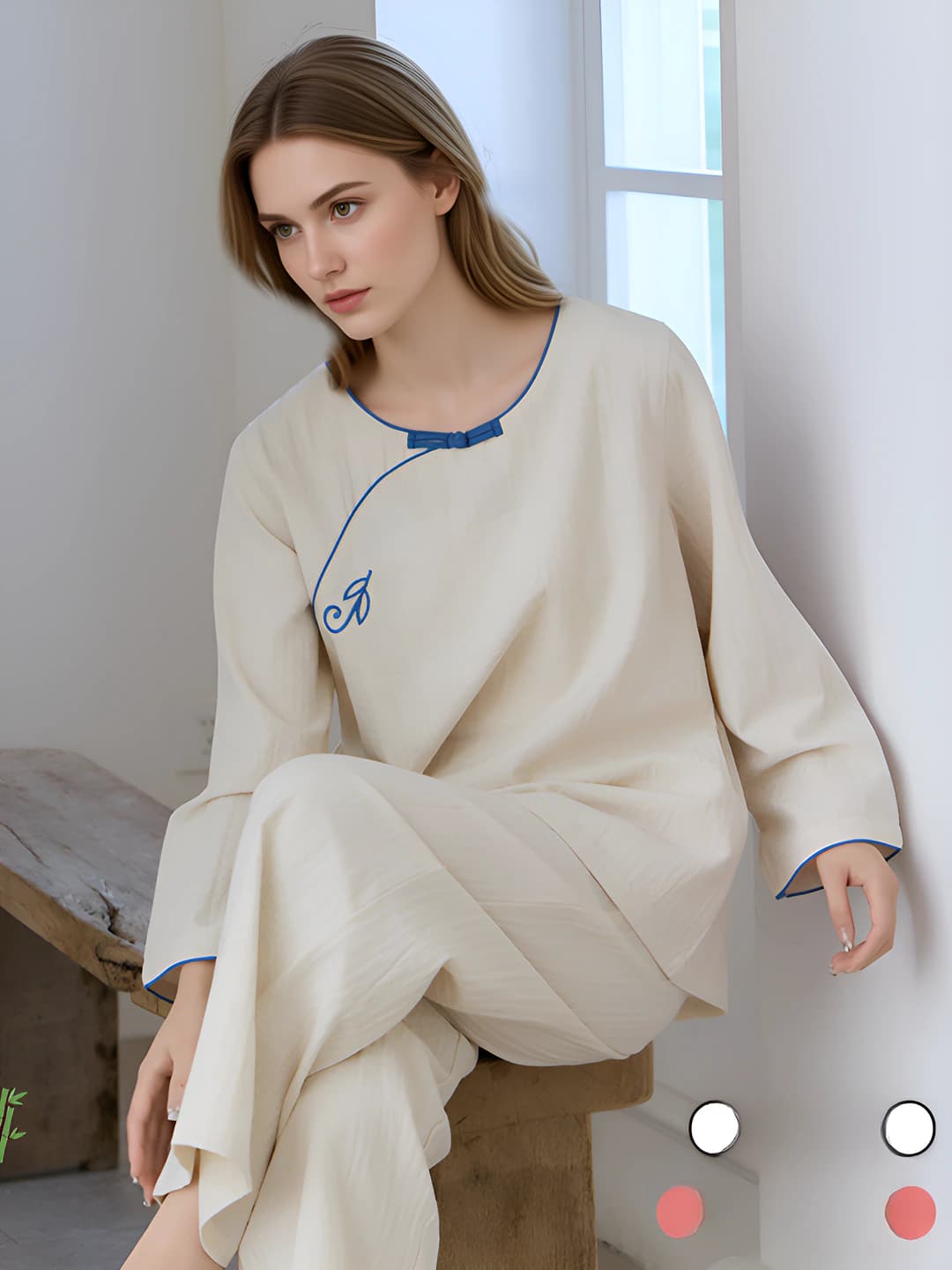 Women's spring-summer embroidered cotton-linen pajama set: crew neck, long sleeve, trousers, breathable, can be worn outside