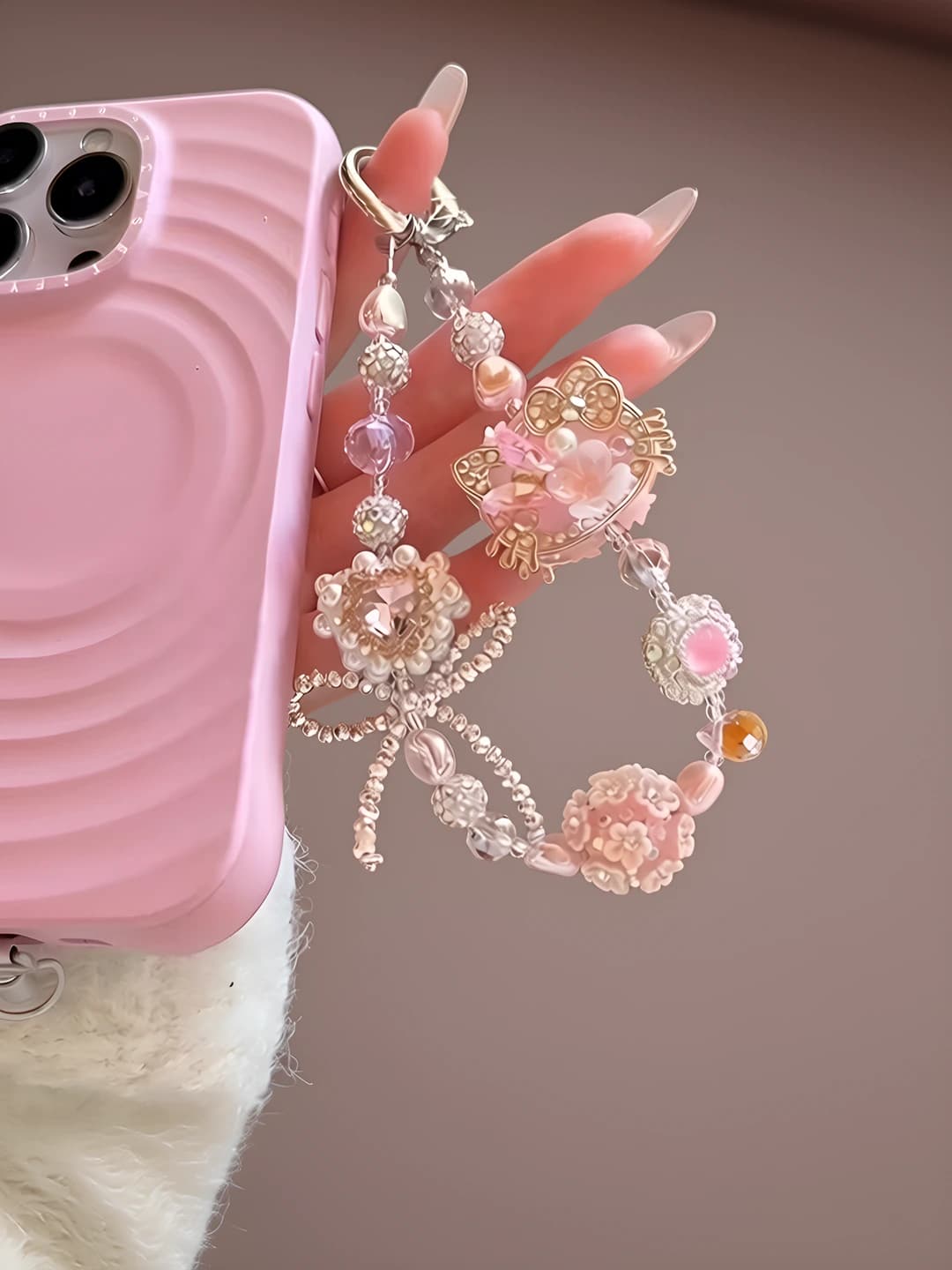 Женская розовая цепочка для телефона в стиле Hello Kitty с бусинами и цветками сакуры, лёгкая и элегантная