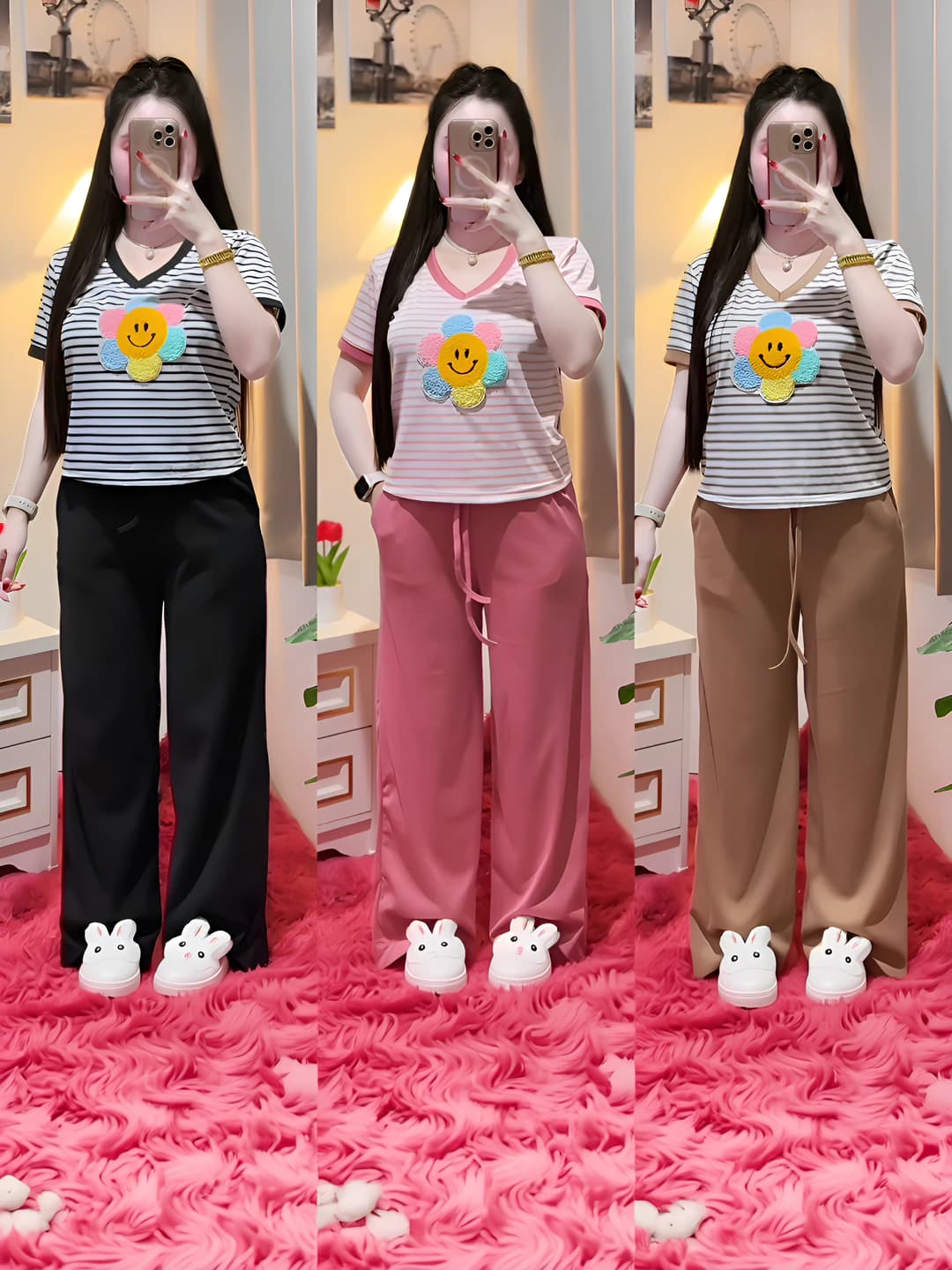 Women's casual two-piece set: striped top with floral pattern and short sleeve, wide-leg trousers, loose fit, slimming, plus size, summer