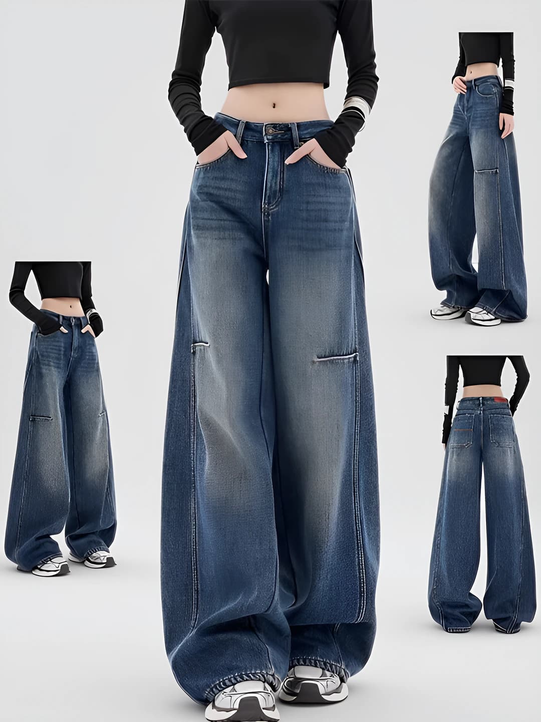 Ayollar uchun retro uslubdagi yirtiq-dizaynli, baland belli, bo'sh (oversize) va nozik ko'rsatadigan keng va klesh jinsi shimlar