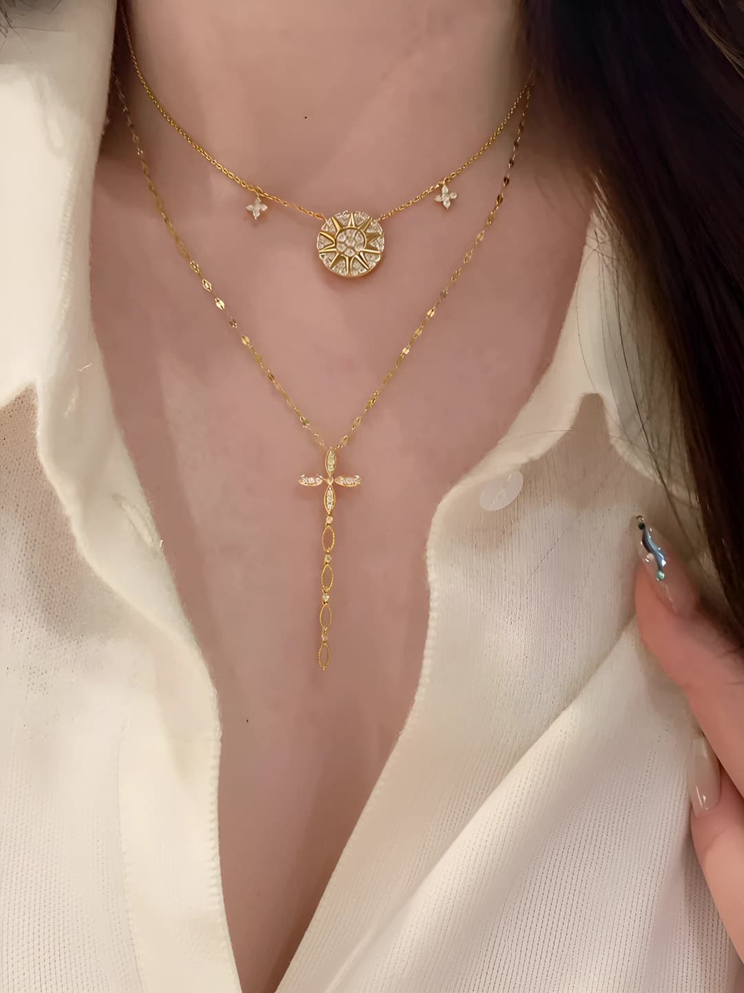 Women's Ins style necklace with sun, astrolabe and cross, layered, chain