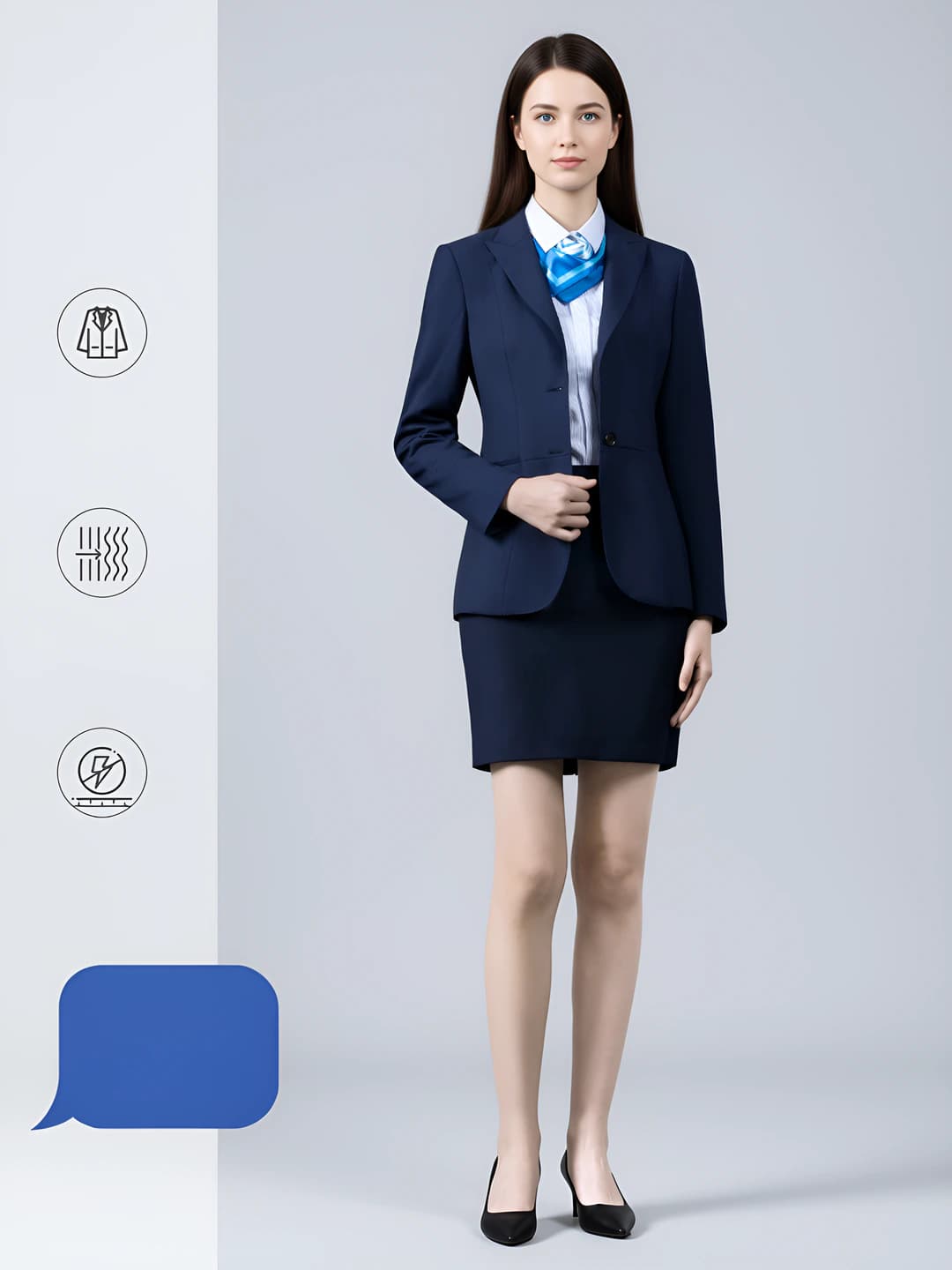 Women's suit with skirt: blue blazer and mini skirt, slim fit, non-iron, long sleeve, 2026