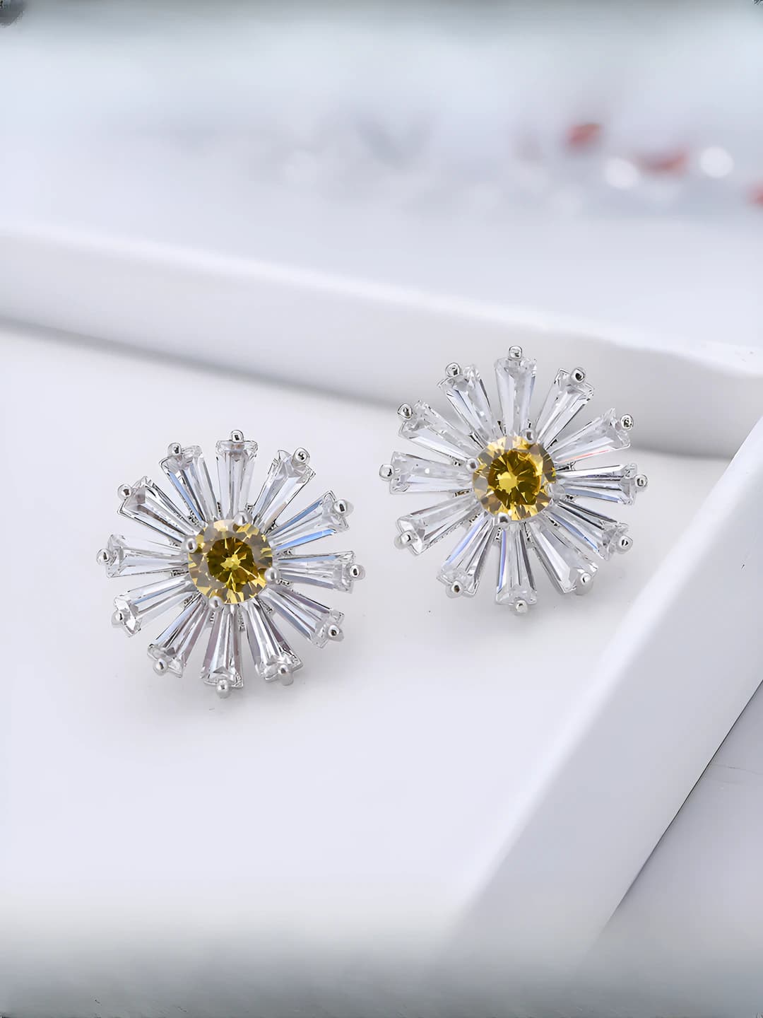 Women's zircon flower stud earrings with silver posts