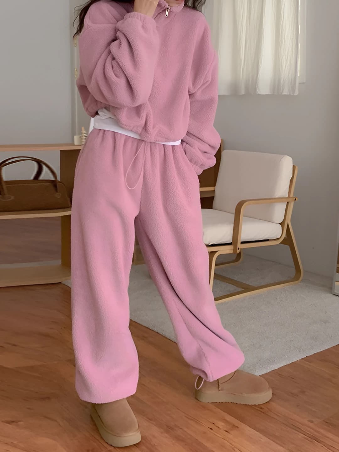 Women's warm cashmere sweatshirt and loose fit trousers set, stand collar, long sleeve, winter