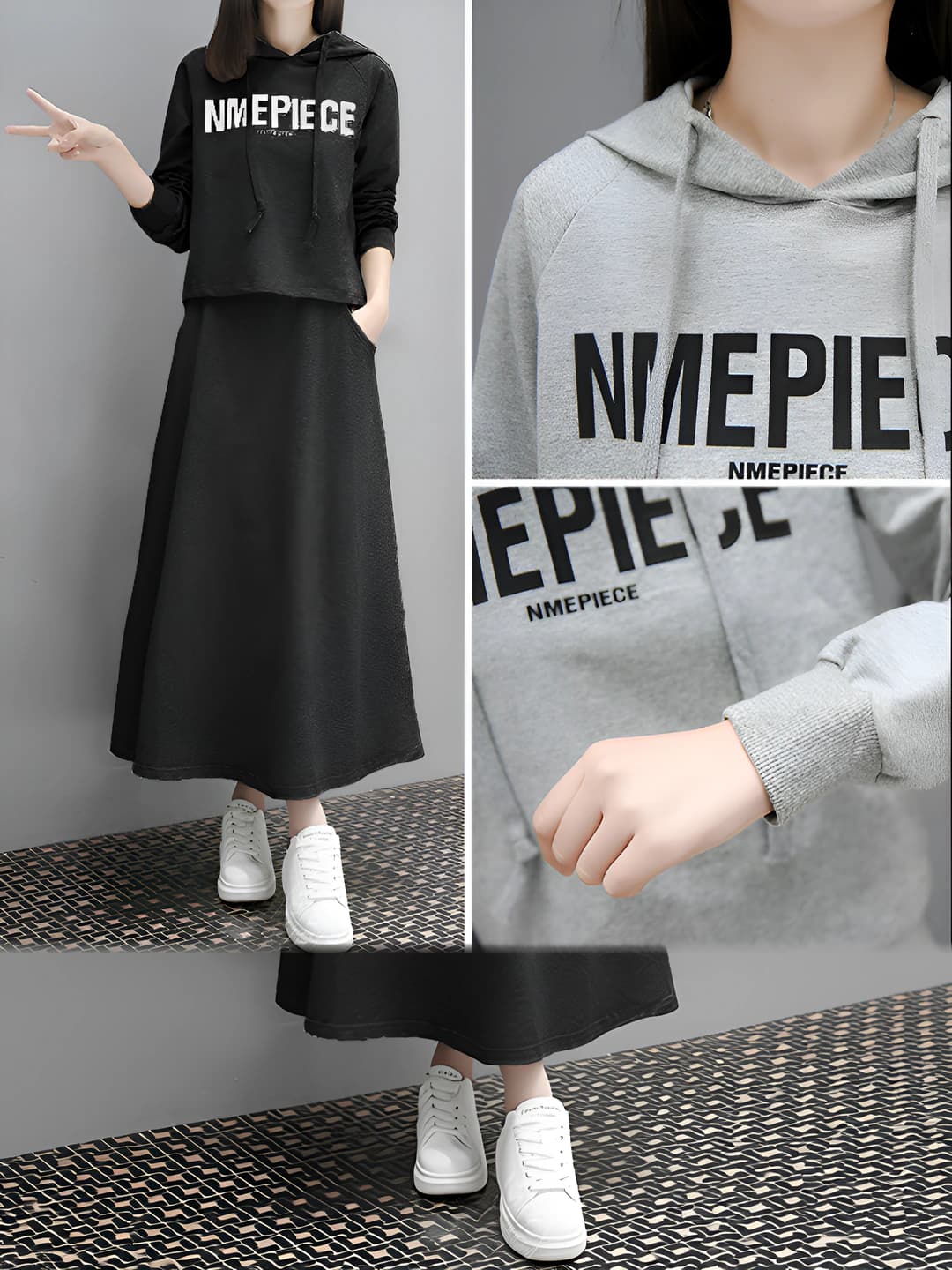 Women's casual set (sweatshirt + long skirt), Korean style, retro, printed, spring-autumn