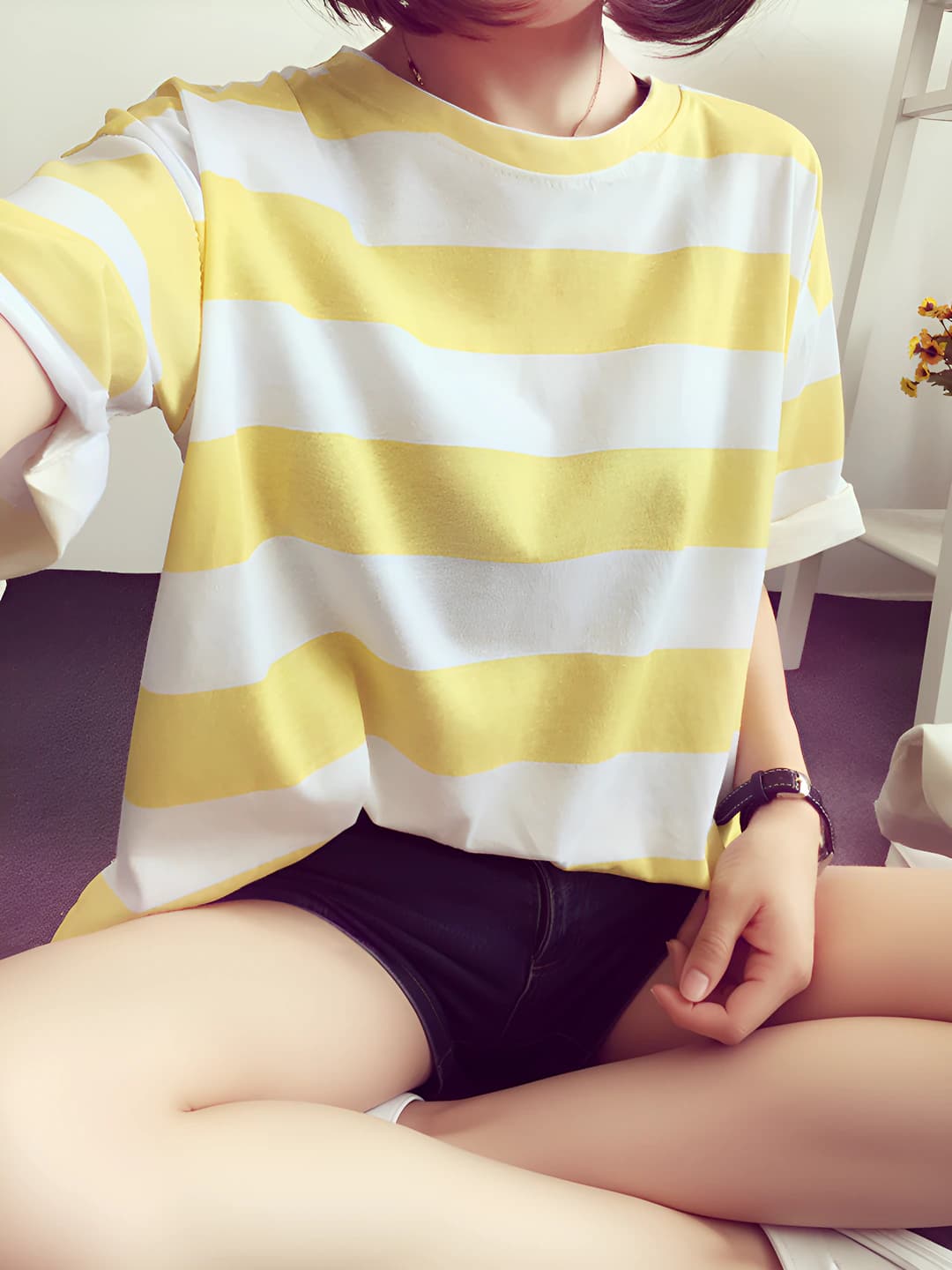 Women's Korean style striped short sleeve loose fit t-shirt