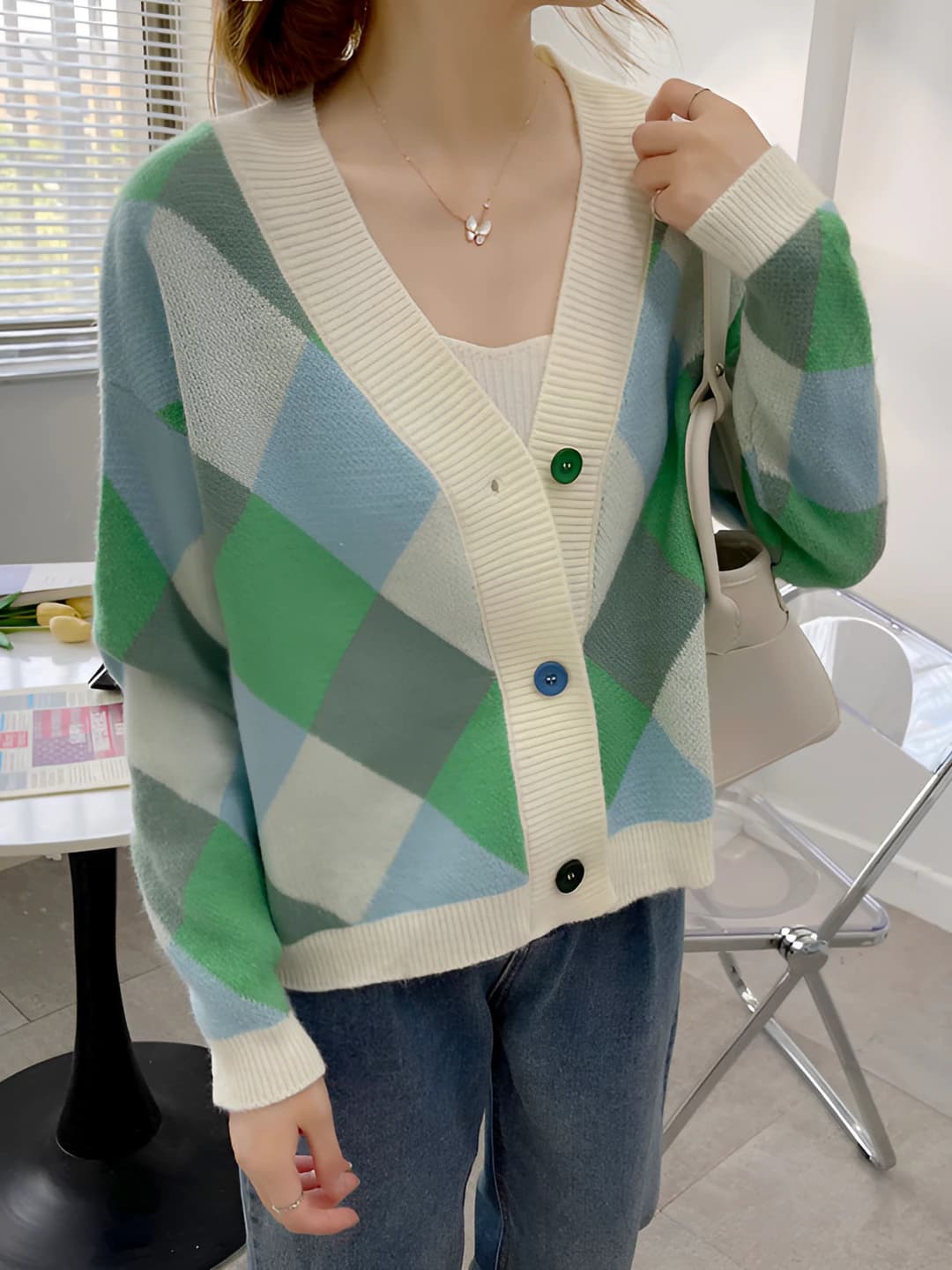 Women's autumn-winter knit cardigan, V-neck, long sleeve, checked pattern, loose fit, medium thickness