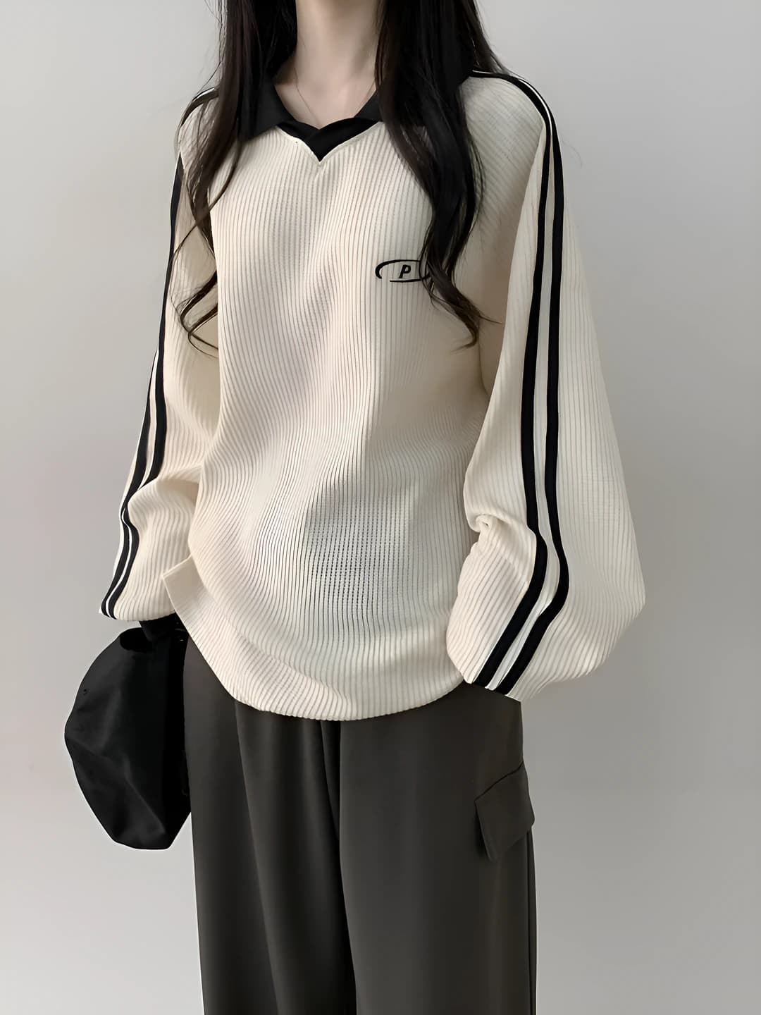 Women's Korean style retro fleece-lined polo collar sweatshirt for spring-autumn and winter