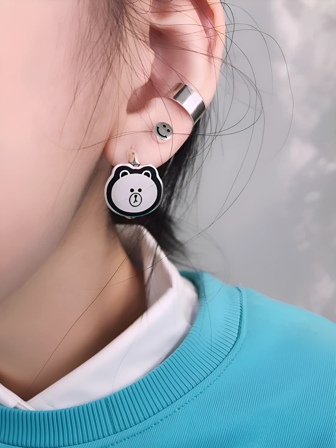 Women's 925 silver post Brown Bear earrings, geometric shape, retro design element