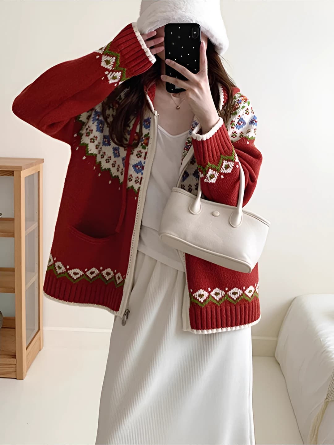 Women's red knit cardigan with zip, cashmere-like fabric, autumn-winter 2026