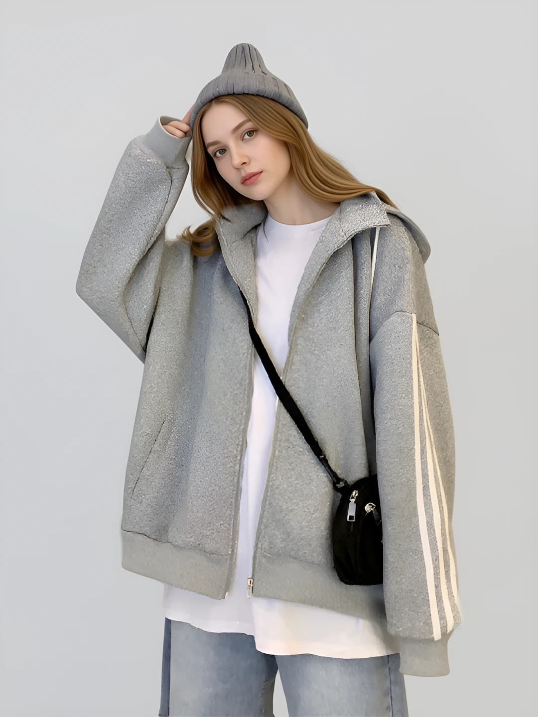 Women's fleece-lined zip-up hooded jacket, autumn-winter, retro, Korean style, loose fit, long sleeve, solid colour