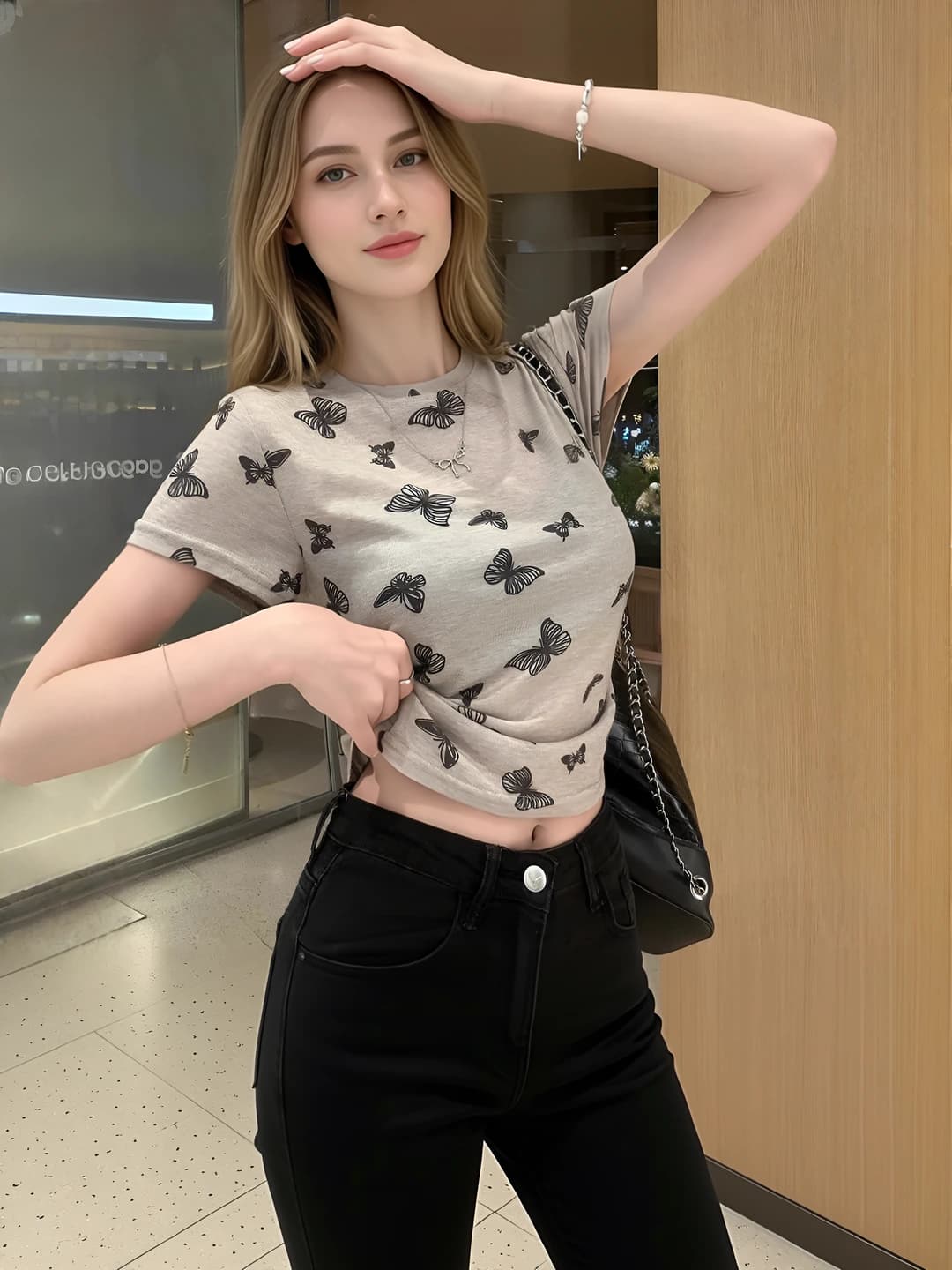 Women's slim fit, slimming, crew neck, short sleeve, summer, stretch, cropped crop top with printed pattern